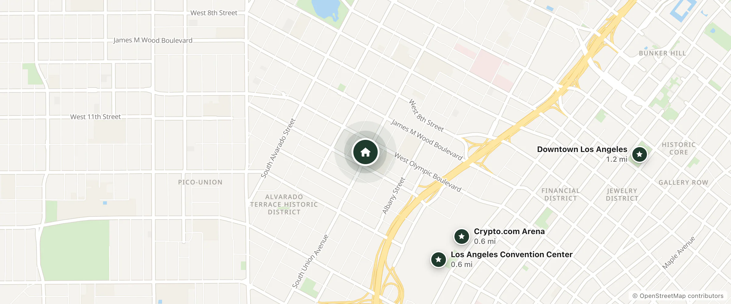 Map of La 그린하우스 호스텔 and nearby Crypto.com Arena, Los Angeles Convention Center and Downtown Los Angeles