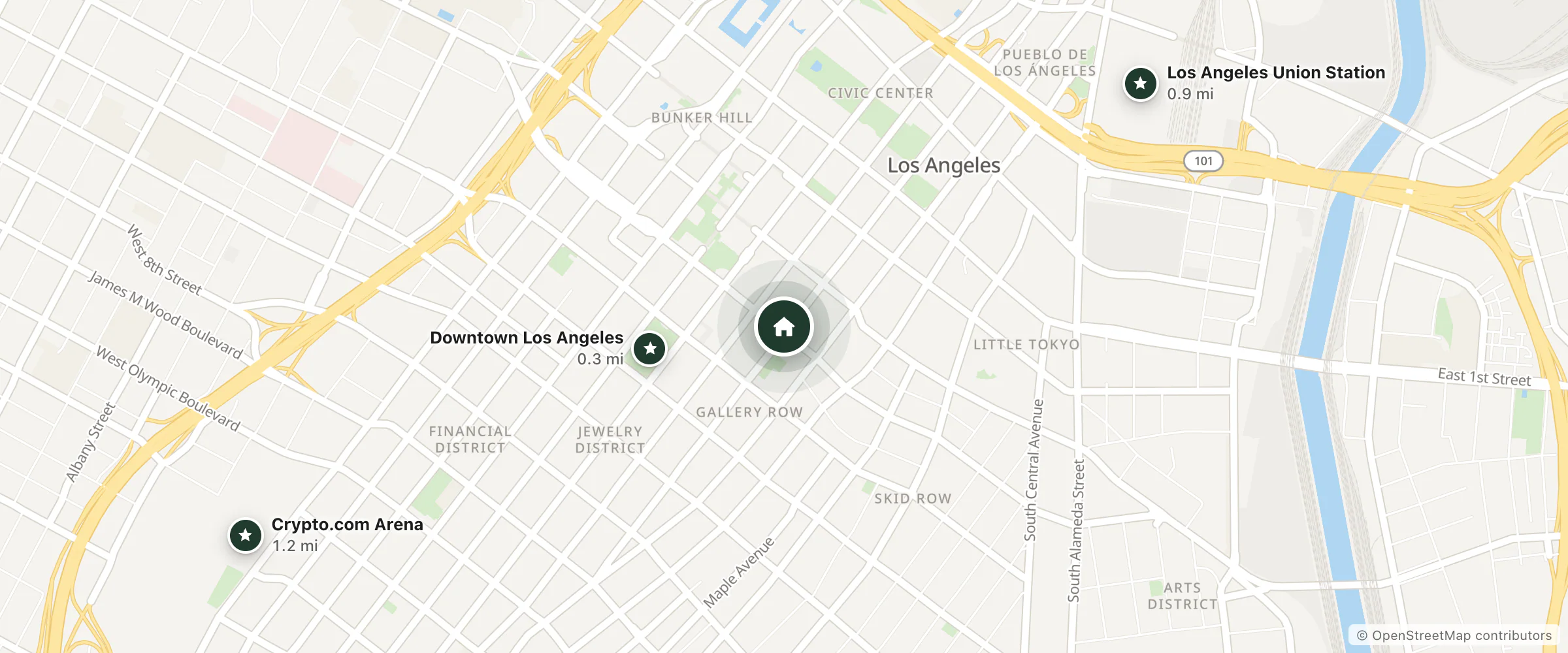 Map of citizenM Los Angeles Downtown and nearby Downtown Los Angeles, Los Angeles Union Station and Crypto.com Arena