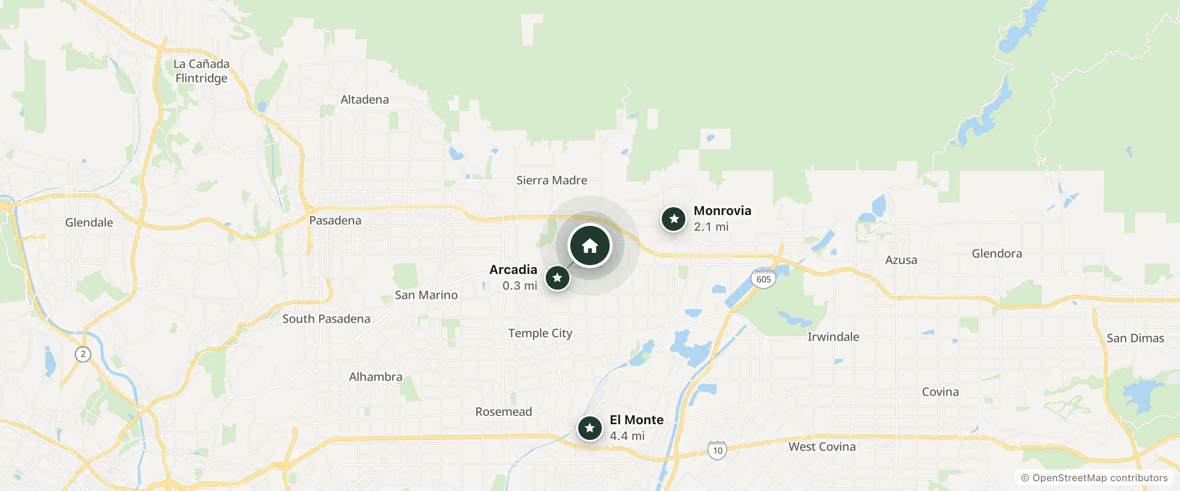 Map of Le Méridien Pasadena Arcadia and nearby Arcadia, Monrovia and El Monte