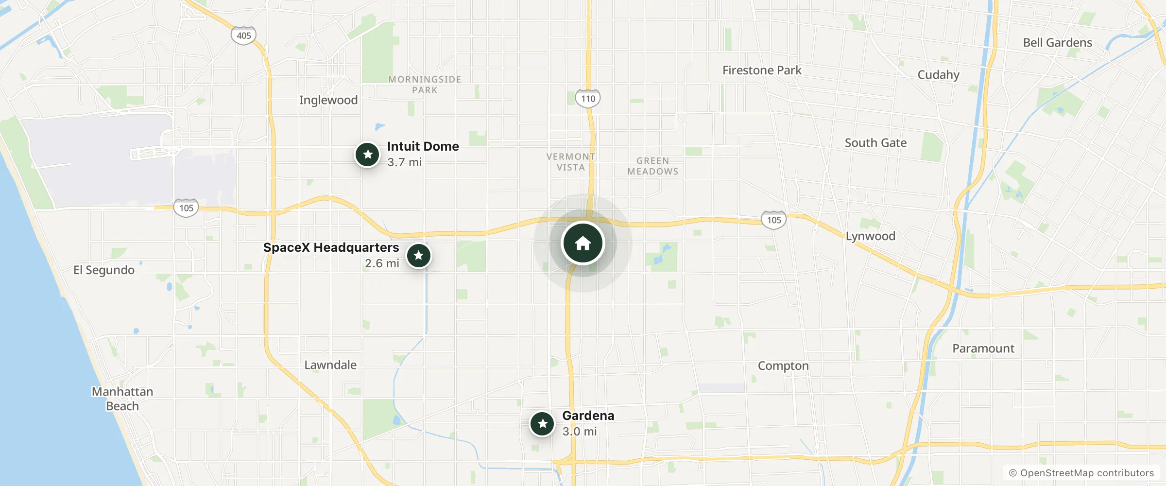 Map of Satellite Motel and nearby SpaceX Headquarters, Gardena and Intuit Dome