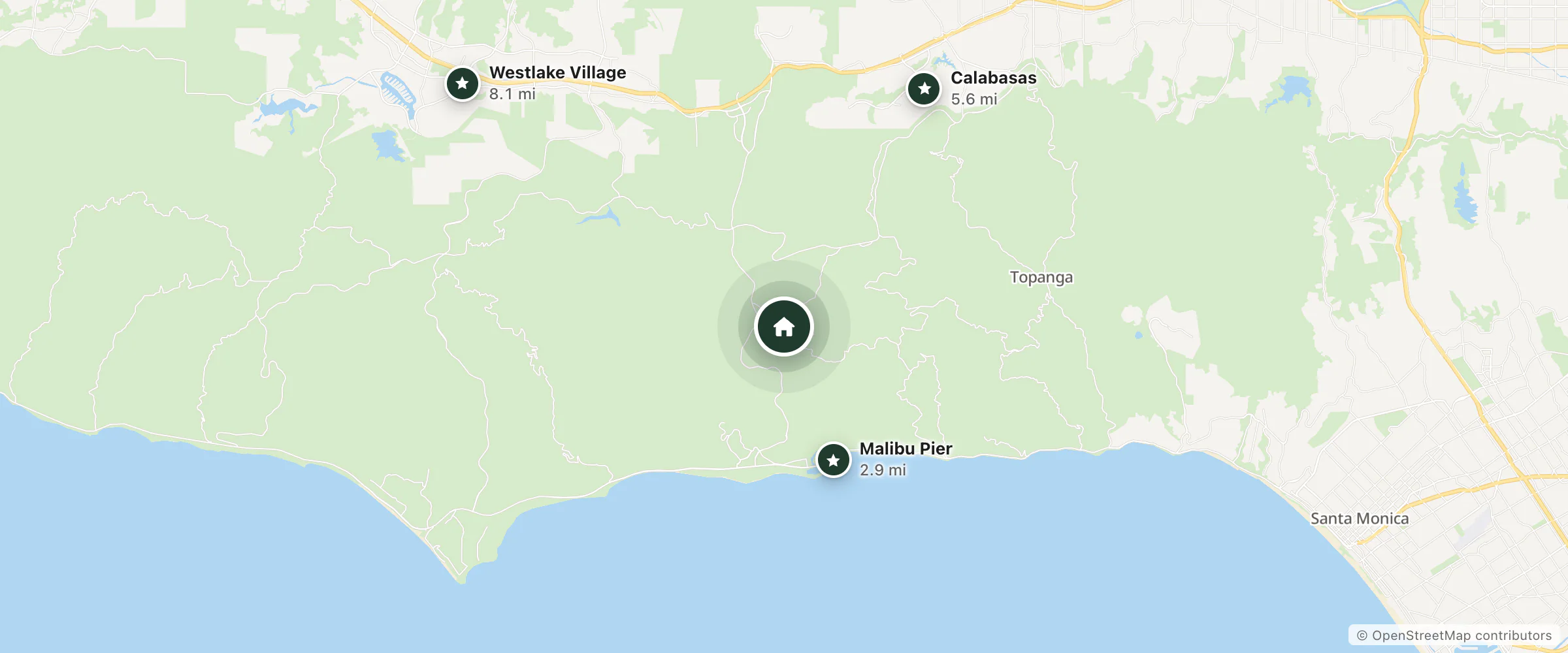 Map of The Malibu Bella Vista B&B and nearby Malibu Pier, Calabasas and Westlake Village