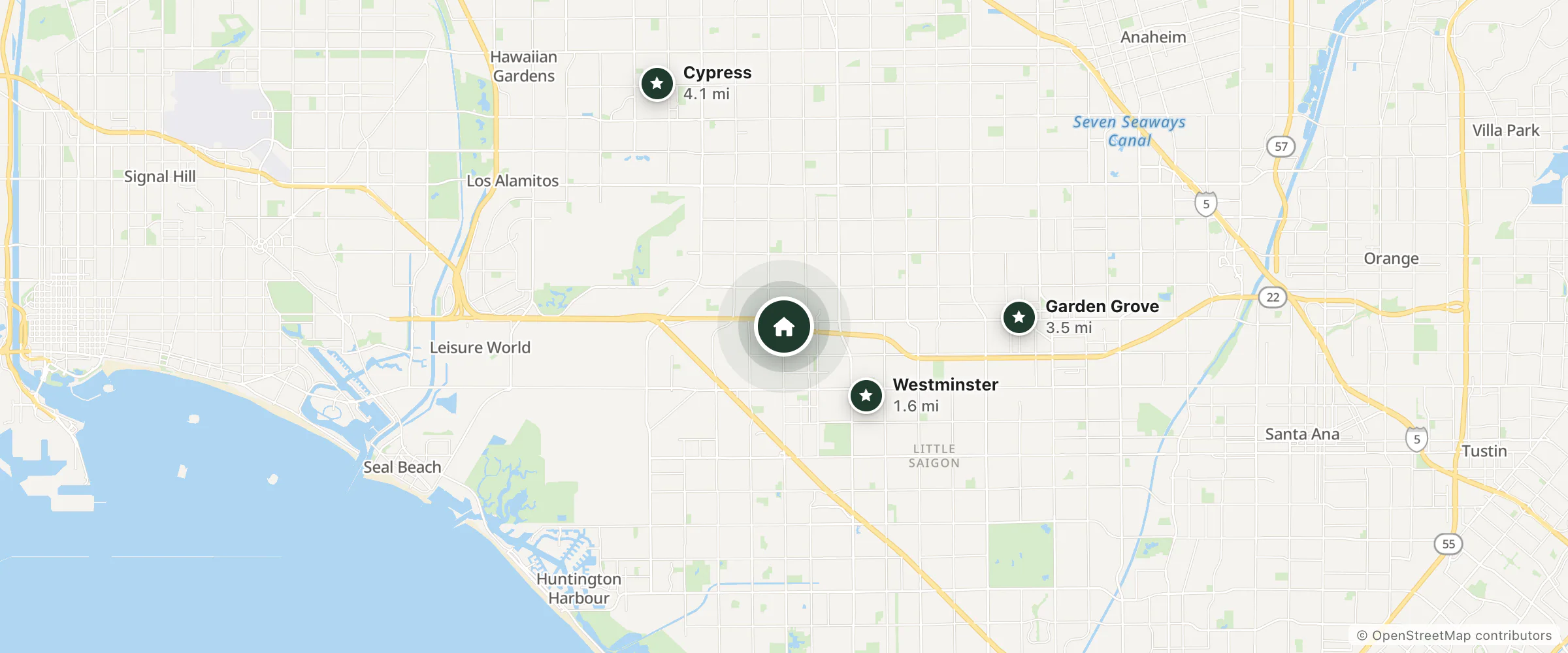Map of Motel 6 and nearby Westminster, Garden Grove and Cypress