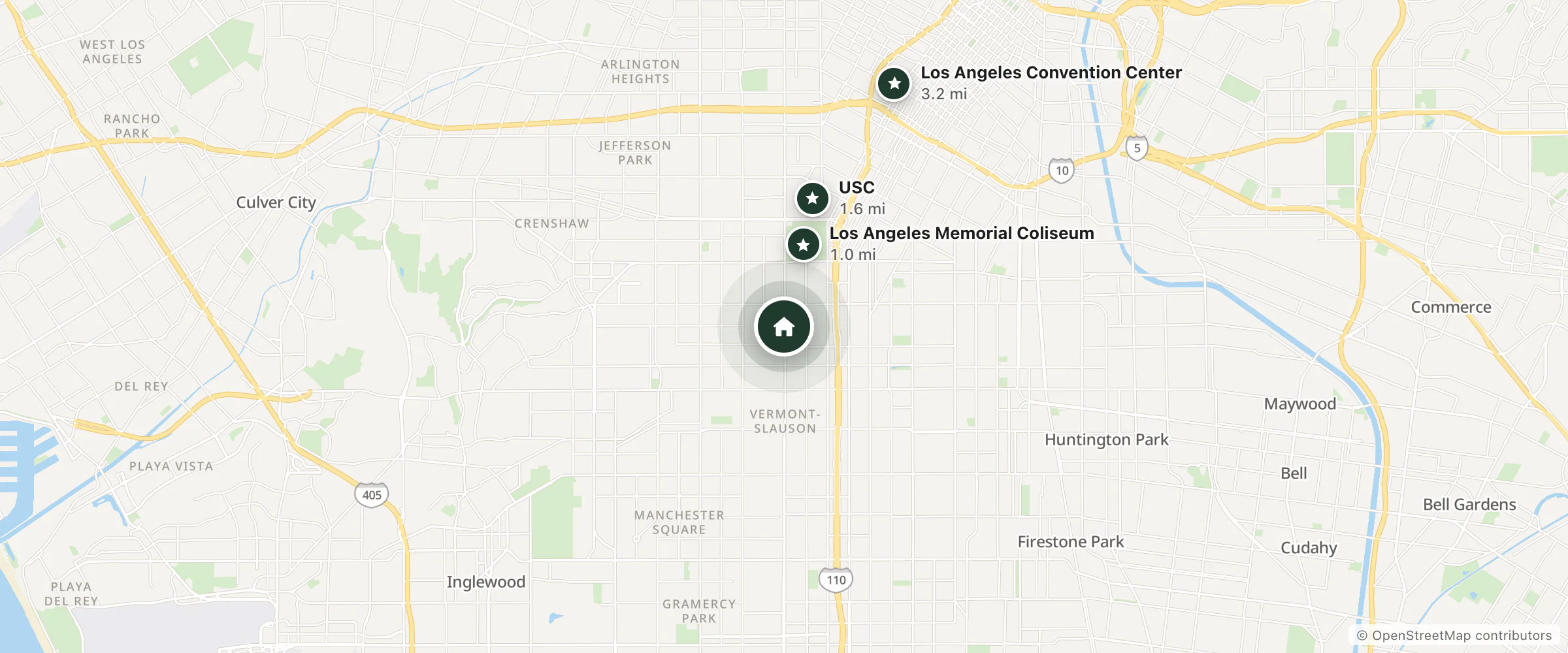 Map of Deluxe Inn Motel and nearby Los Angeles Memorial Coliseum, USC and Los Angeles Convention Center
