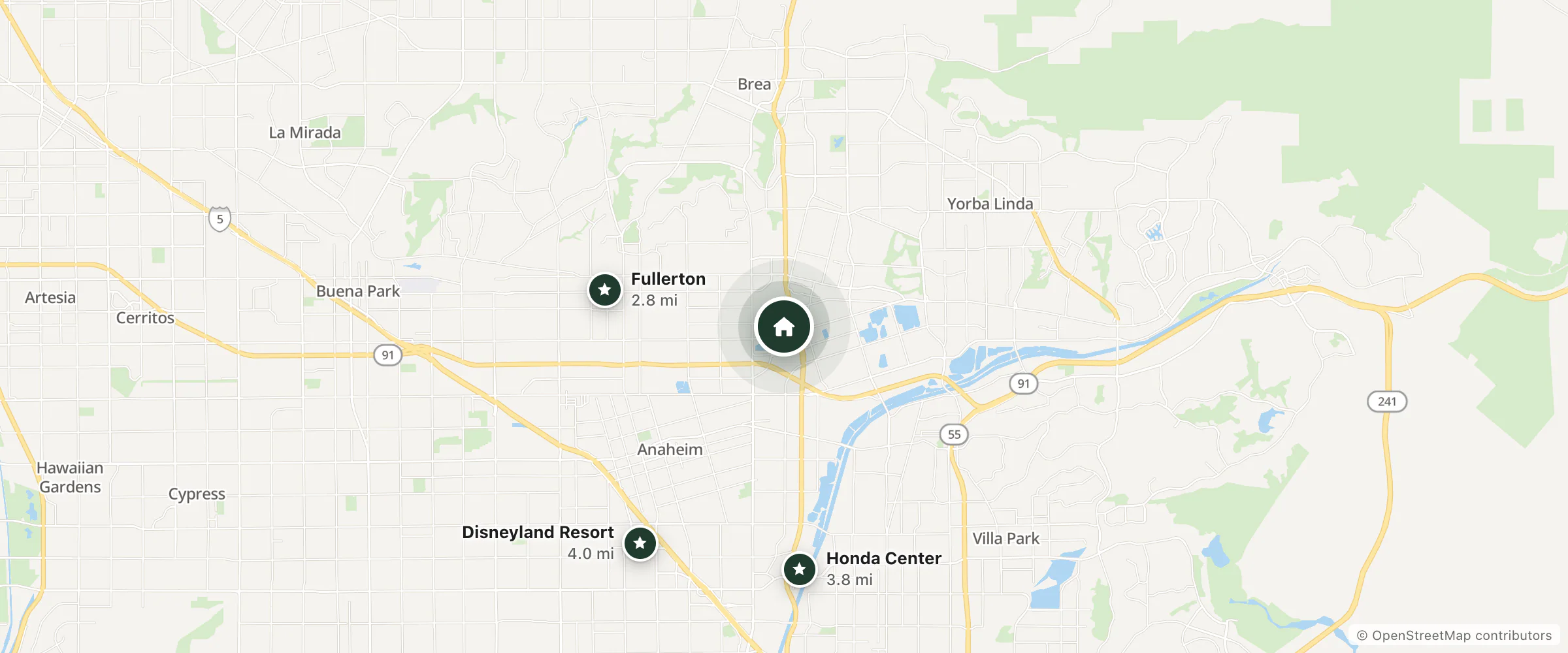 Map of Quality Inn Placentia - Anaheim and nearby Fullerton, Honda Center and Disneyland Resort