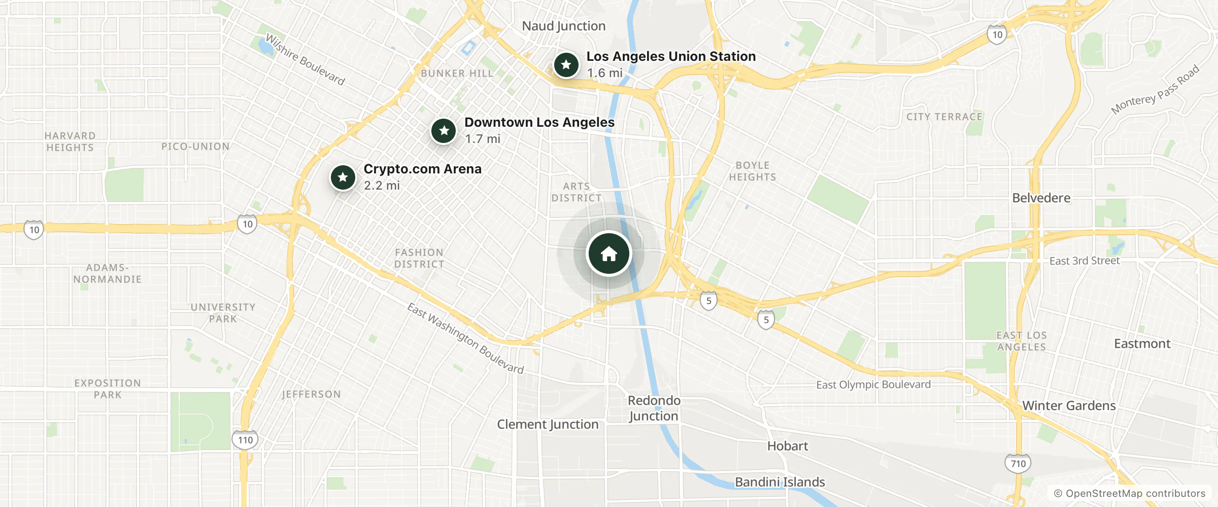 Map of Arts District Firehouse Hotel and nearby Los Angeles Union Station, Downtown Los Angeles and Crypto.com Arena