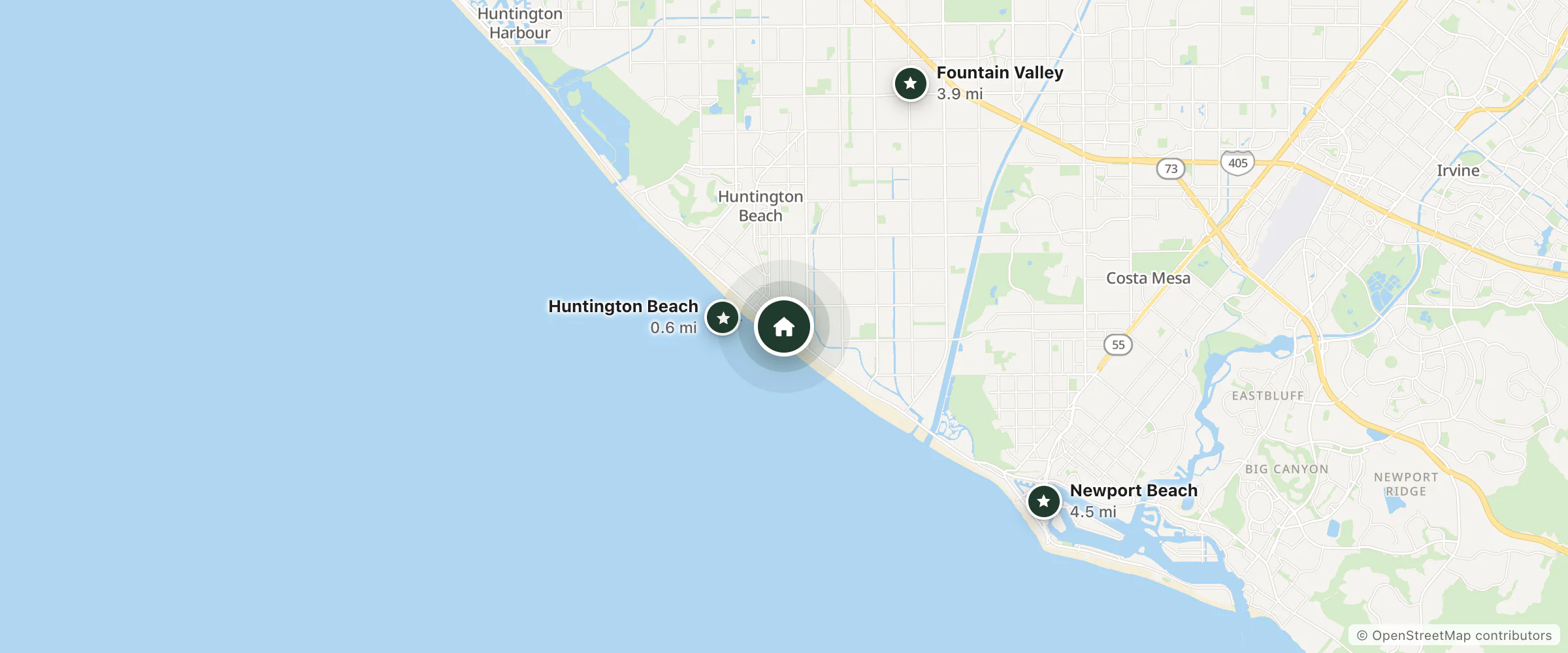 Map of Hilton Waterfront Beach Resort A California Limited Company and nearby Huntington Beach, Fountain Valley and Newport Beach