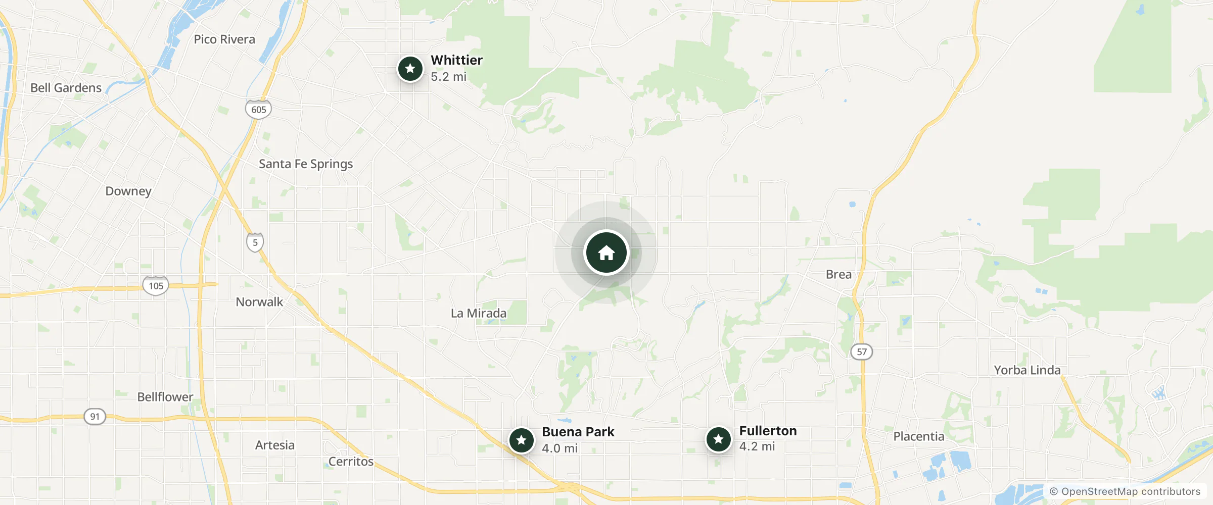Map of Beach-La Habra Motel and nearby Buena Park, Fullerton and Whittier