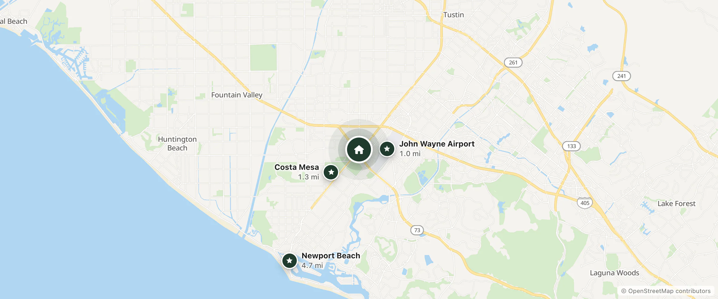 Map of Burba Hotel Network and nearby John Wayne Airport, Costa Mesa and Newport Beach