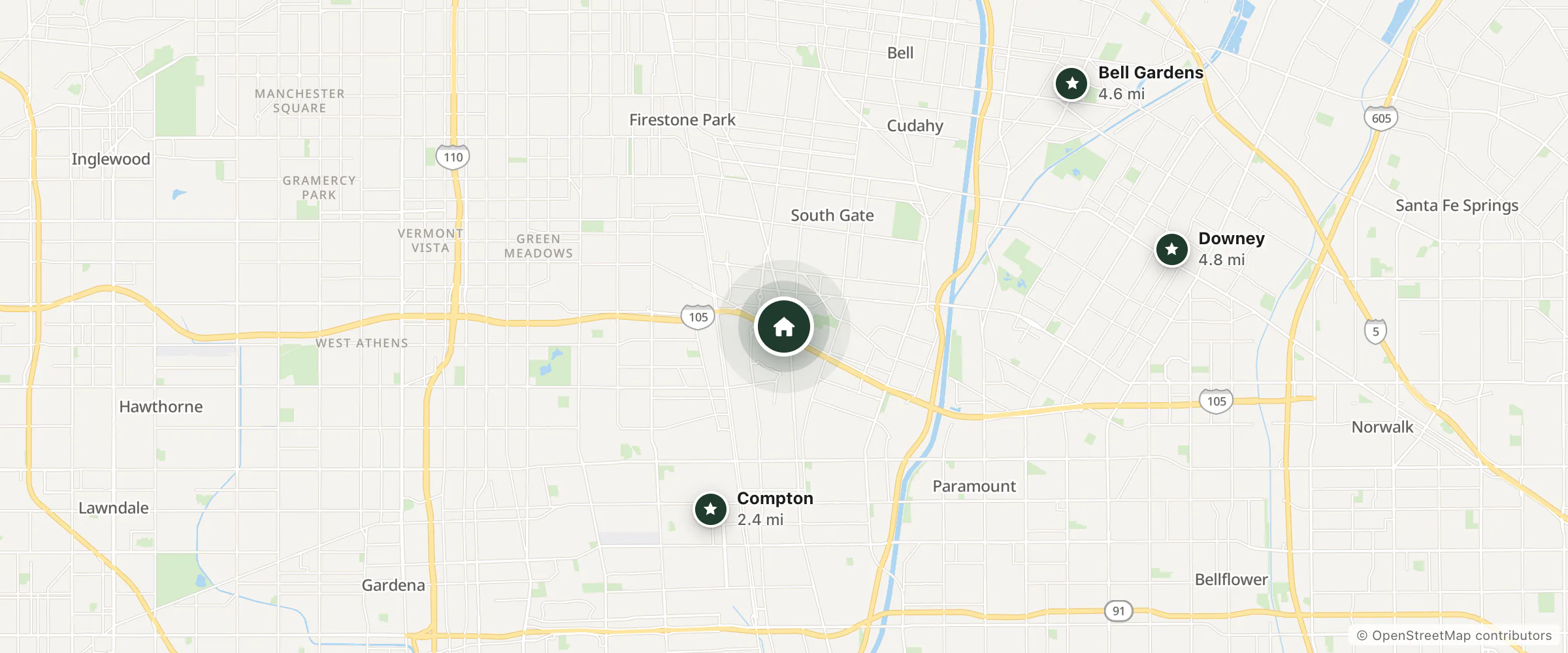 Map of Lynwood Travelodge and nearby Compton, Bell Gardens and Downey