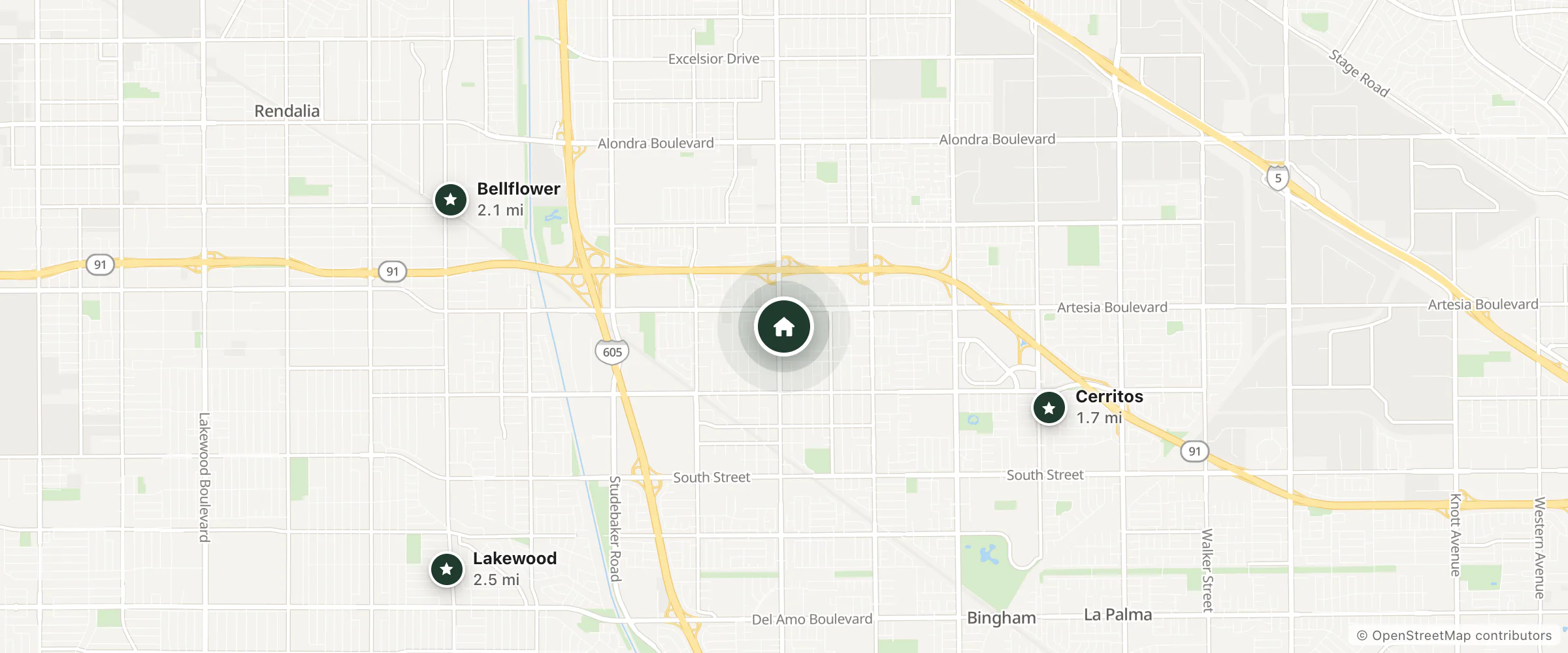 Map of Days Inn and Suites by Wyndham Artesia and nearby Cerritos, Bellflower and Lakewood