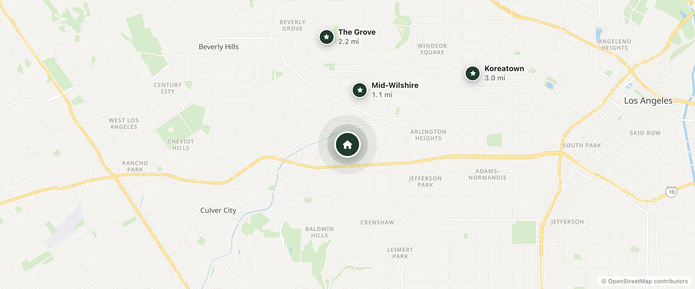 Map of Melody Motel and nearby Mid-Wilshire, The Grove and Koreatown