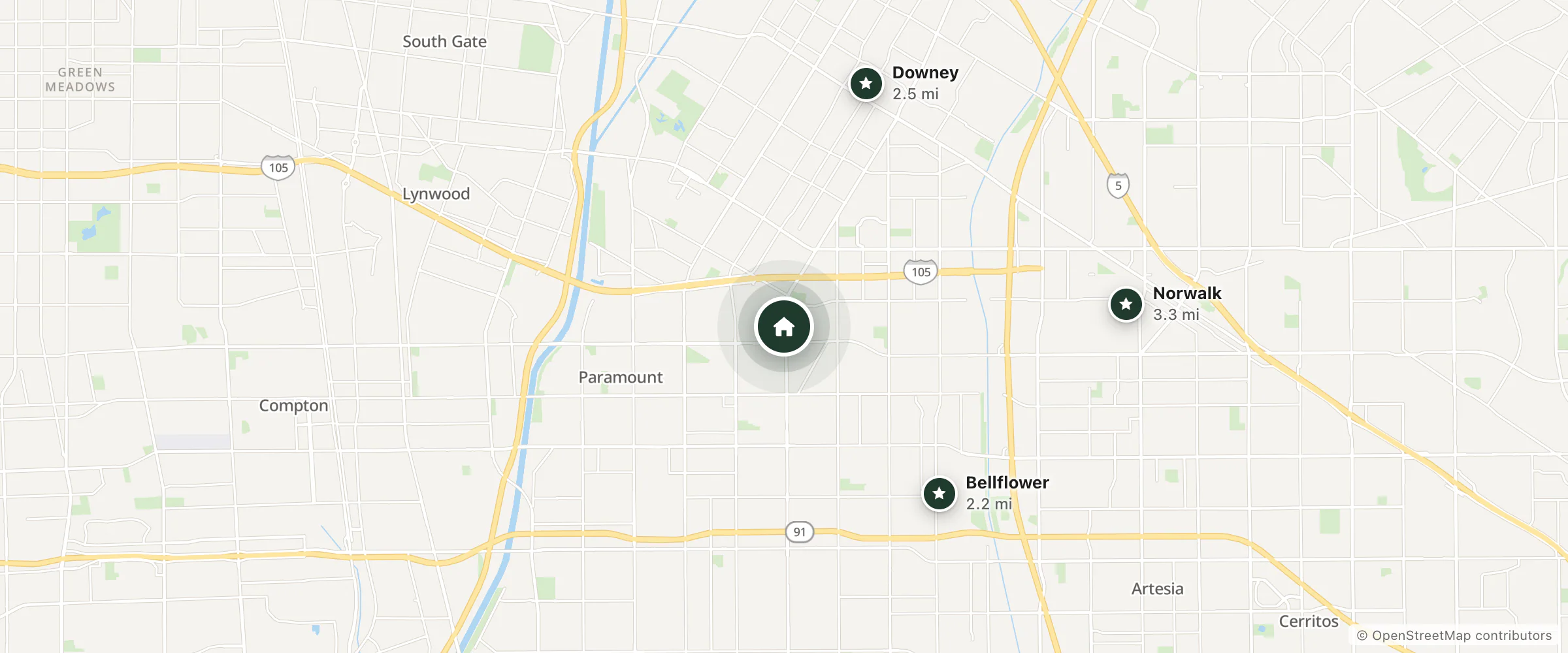 Map of Tri-City Motel and nearby Bellflower, Downey and Norwalk