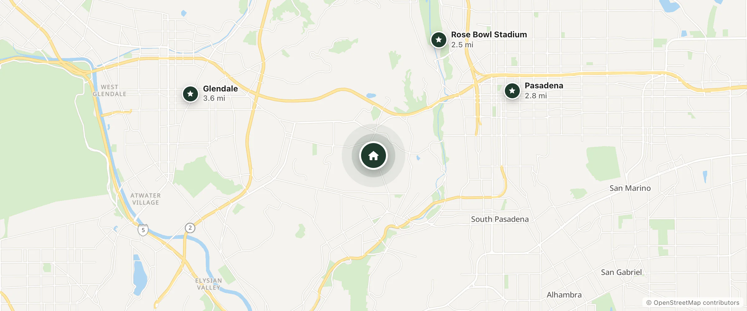 Map of Eagle Rock Motel and nearby Rose Bowl Stadium, Pasadena and Glendale