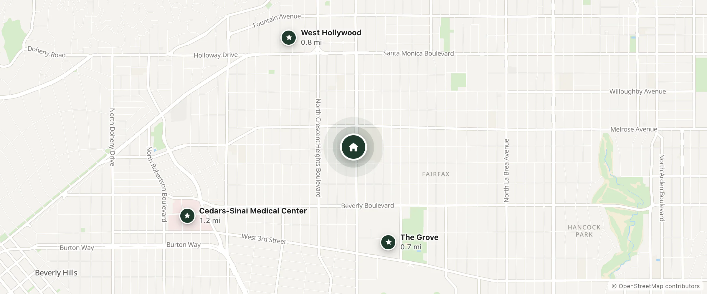 Map of Banana Bungalow West Hollywood Hotel & Hostel and nearby The Grove, West Hollywood and Cedars-Sinai Medical Center
