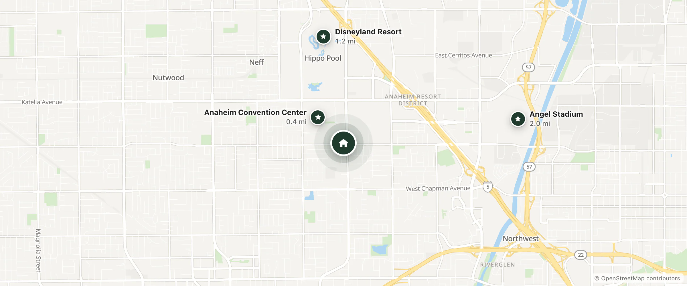 Map of DoubleTree Suites by Hilton Hotel Anaheim Resort and nearby Anaheim Convention Center, Disneyland Resort and Angel Stadium