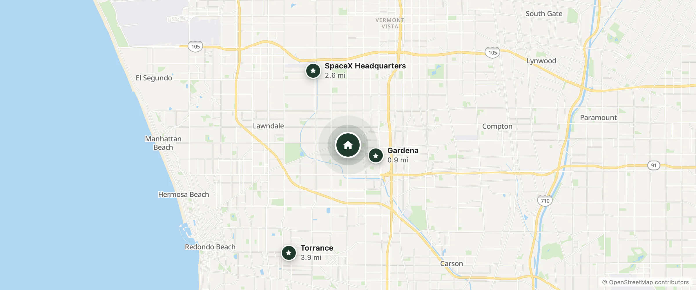Map of Sunrise Inn Gardena and nearby Gardena, SpaceX Headquarters and Torrance