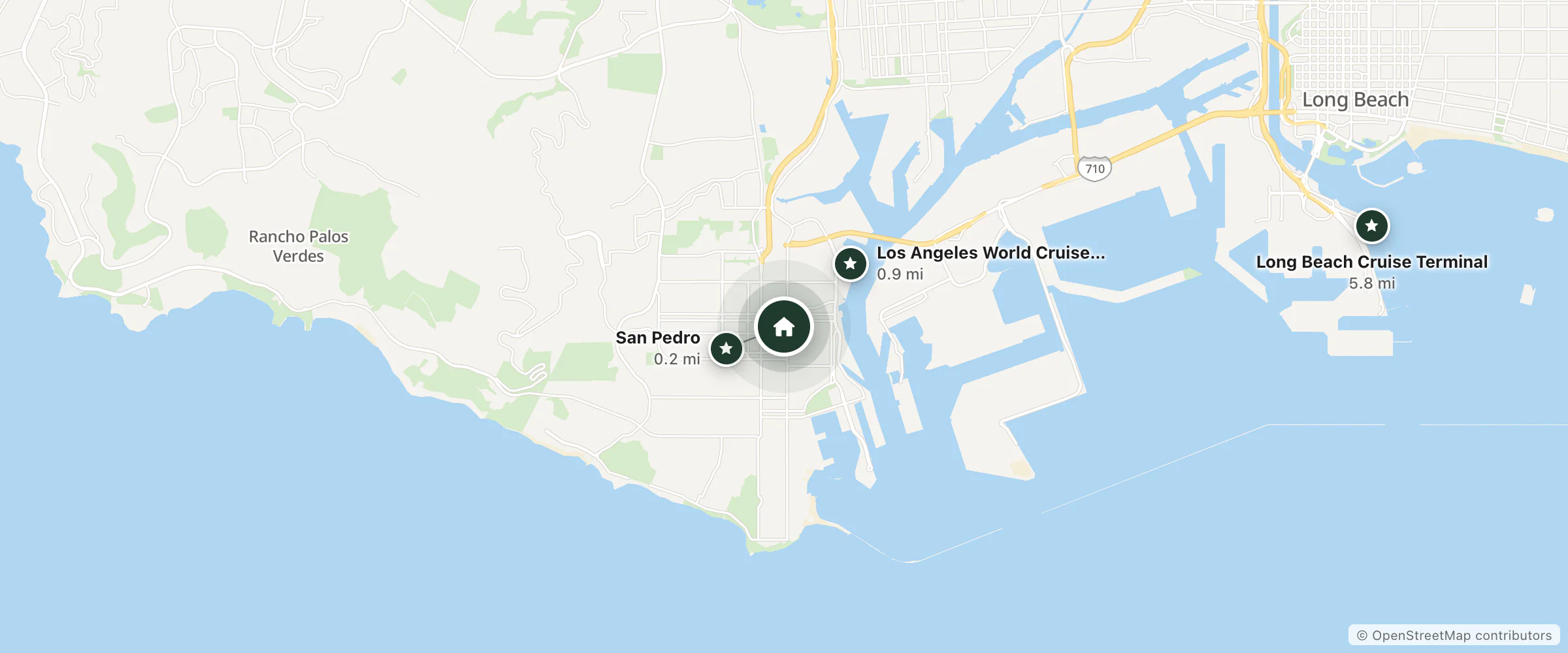 Map of Belvue Hotel and nearby San Pedro, Los Angeles World Cruise Center and Long Beach Cruise Terminal