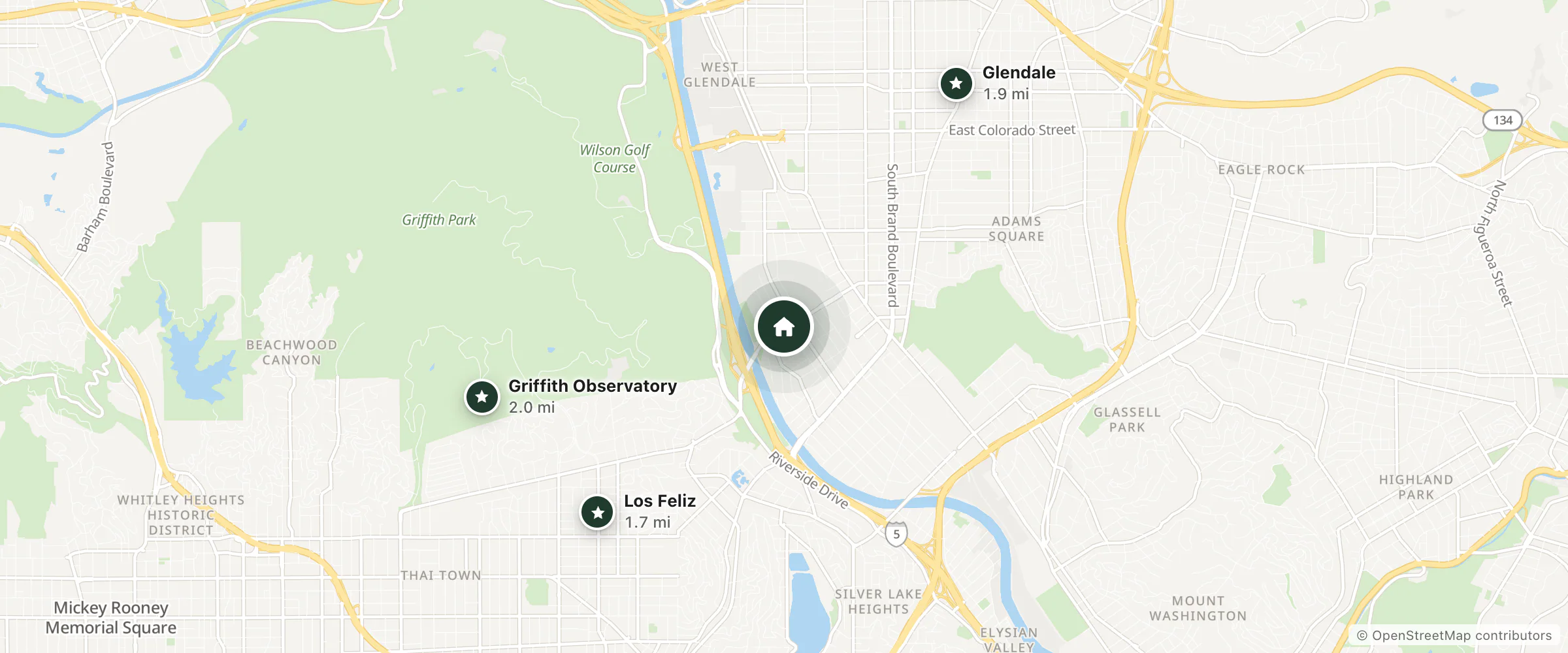 Map of Los Feliz Hotel and nearby Los Feliz, Glendale and Griffith Observatory
