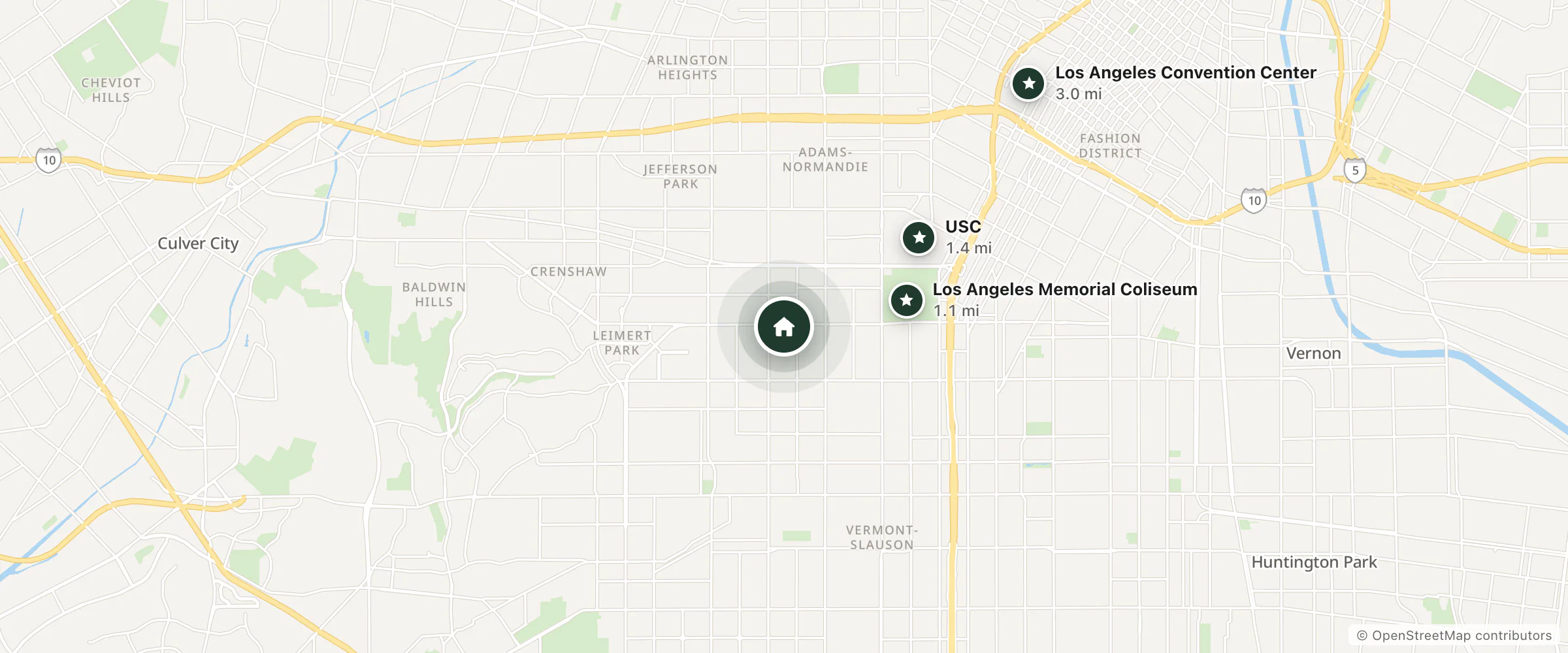 Map of Harvard Motor Inn and nearby Los Angeles Memorial Coliseum, USC and Los Angeles Convention Center