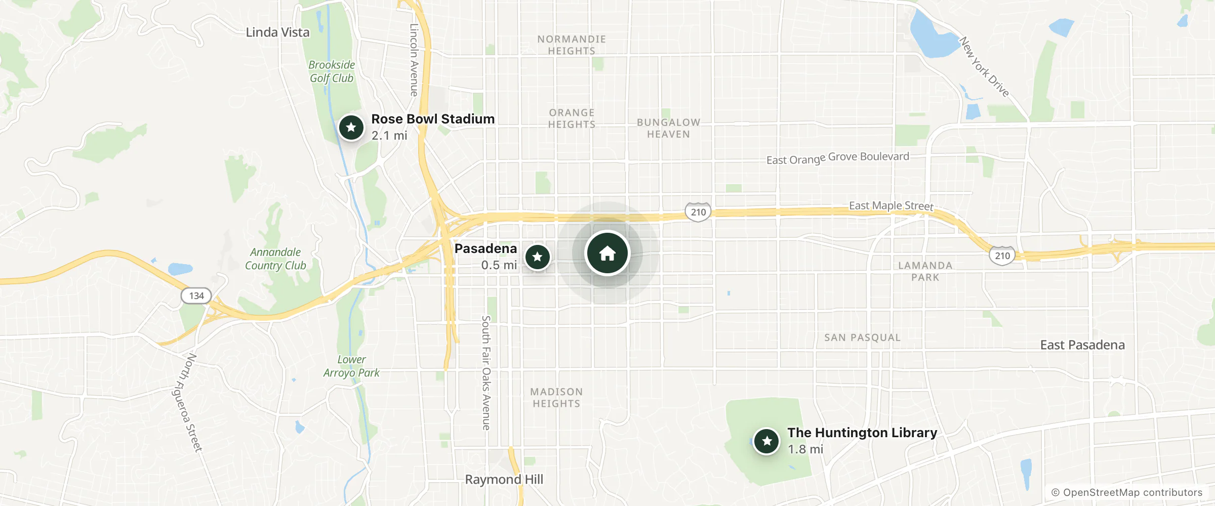 Map of Langham Huntington Hotel & Spa and nearby Pasadena, The Huntington Library and Rose Bowl Stadium