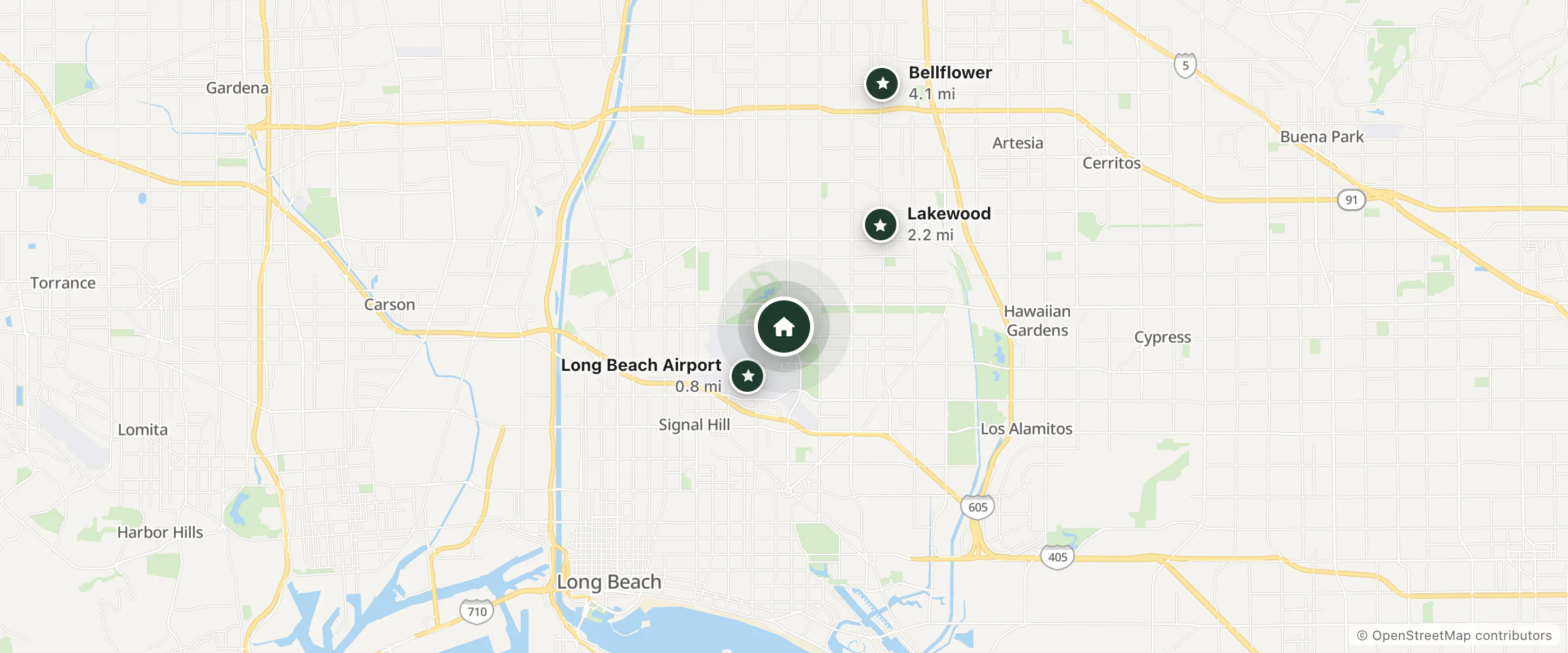Map of Homewood Suites by Hilton and nearby Long Beach Airport, Lakewood and Bellflower