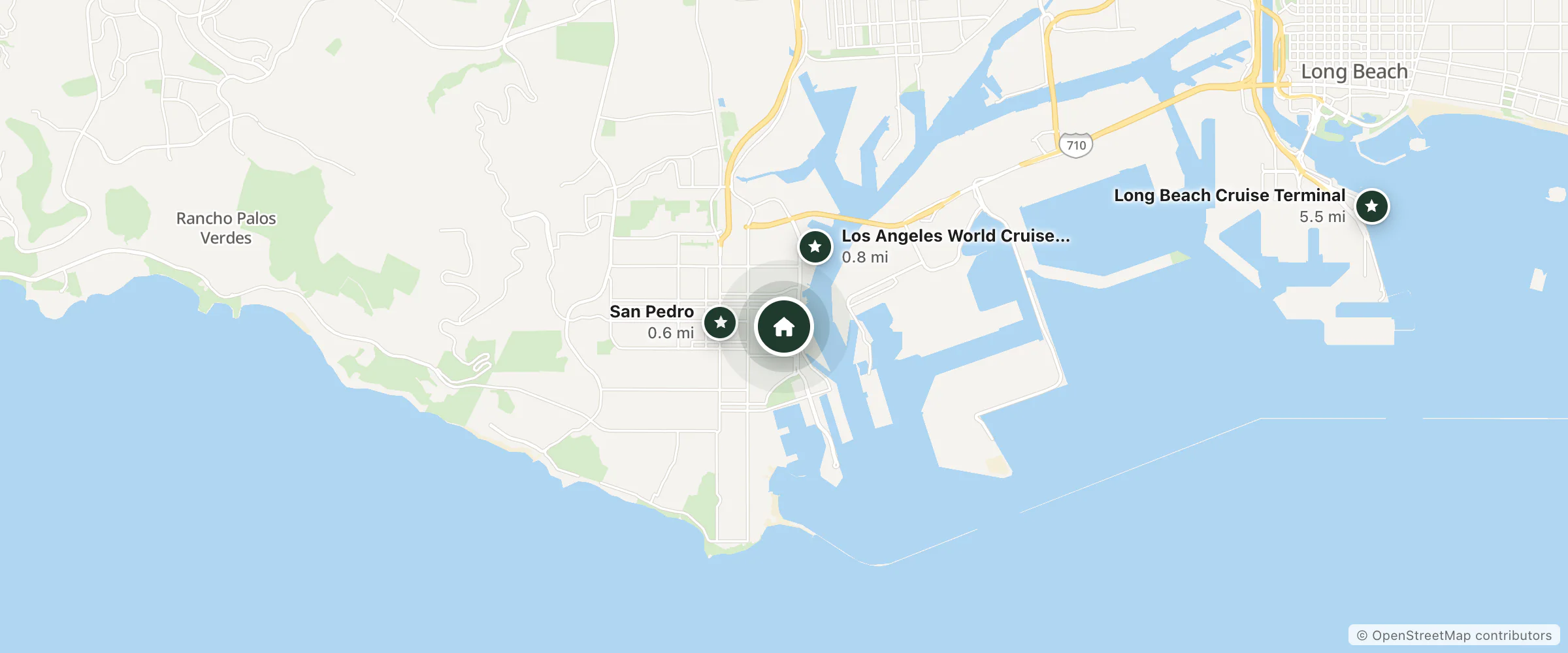 Map of Royal Hotel and nearby San Pedro, Los Angeles World Cruise Center and Long Beach Cruise Terminal