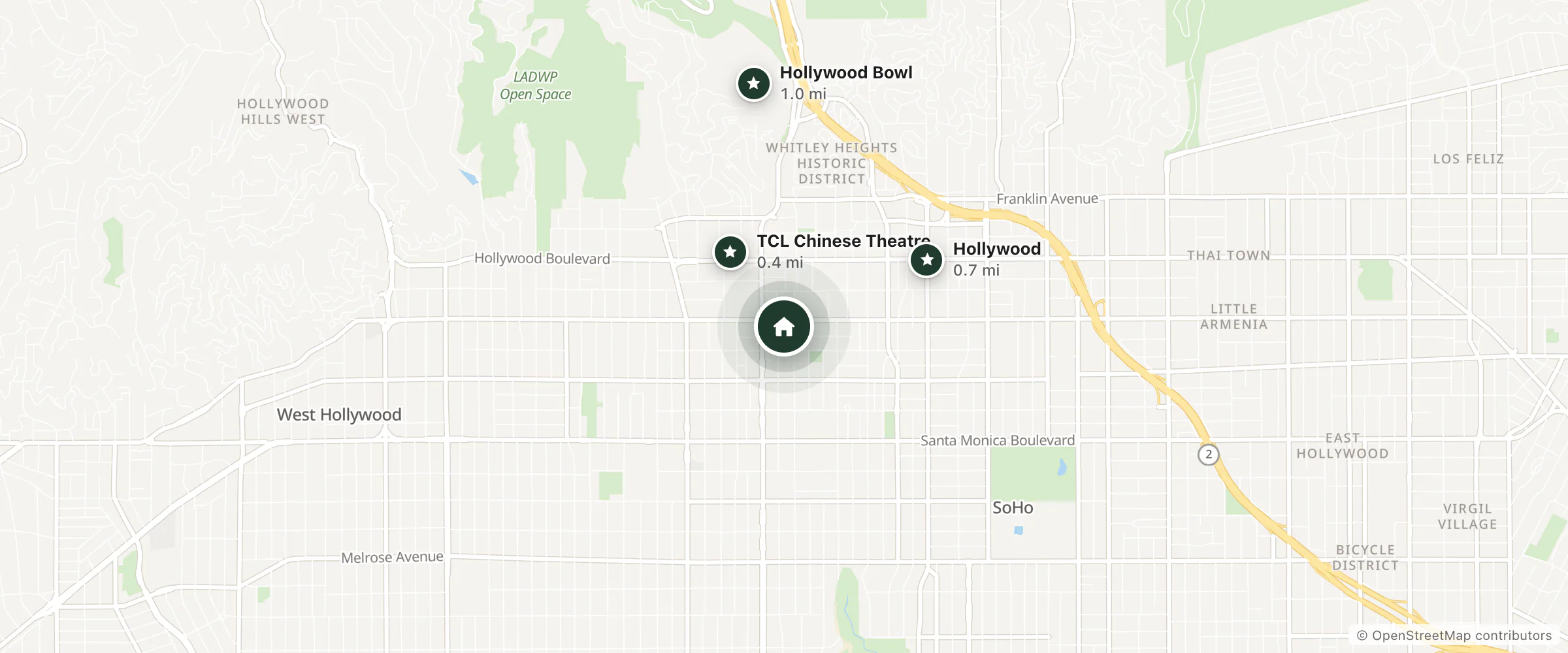 Map of Hollywood Center Motel and nearby TCL Chinese Theatre, Hollywood and Hollywood Bowl