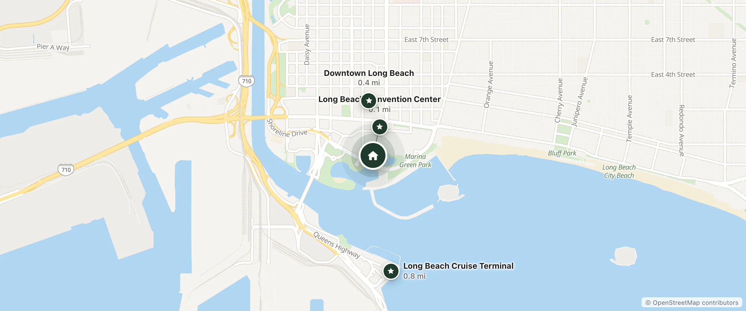 Map of Hyatt Regency Long Beach and nearby Long Beach Convention Center, Downtown Long Beach and Long Beach Cruise Terminal