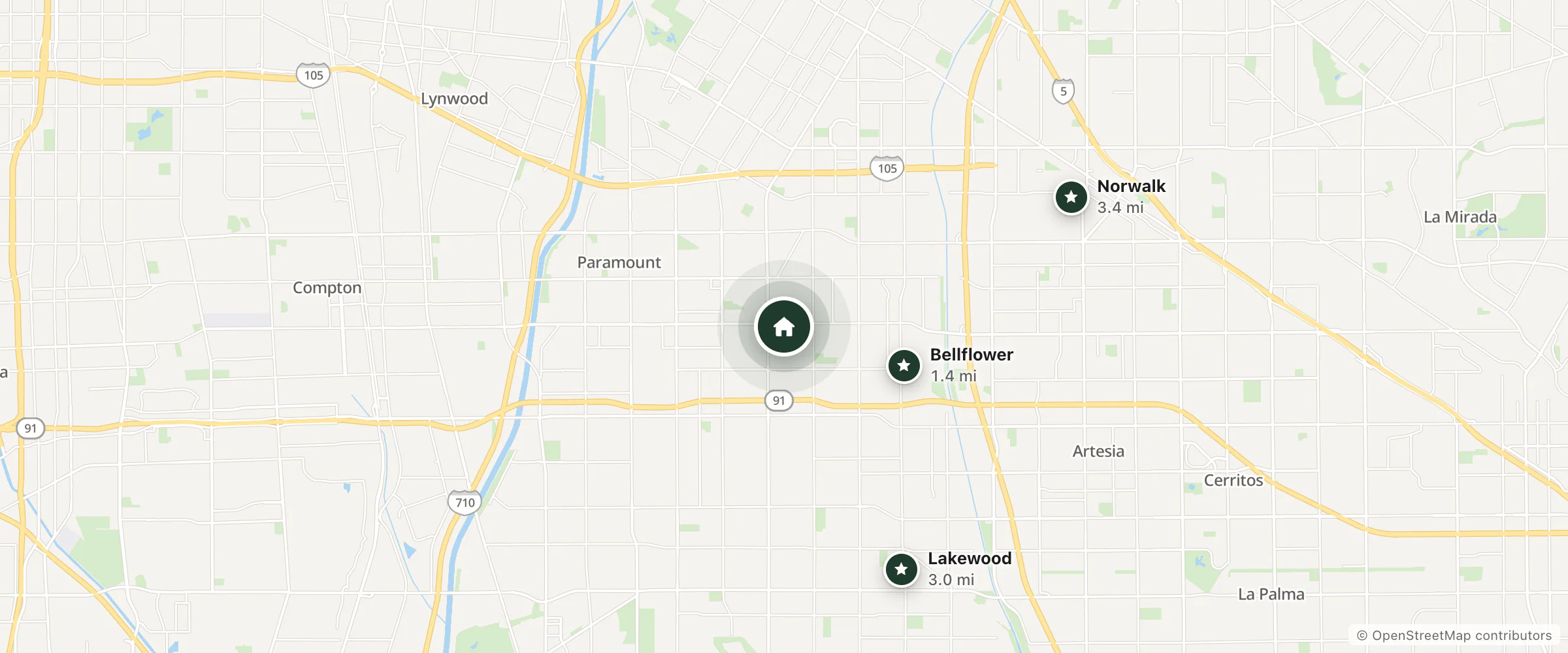 Map of Rodeway Inn and Suites and nearby Bellflower, Lakewood and Norwalk