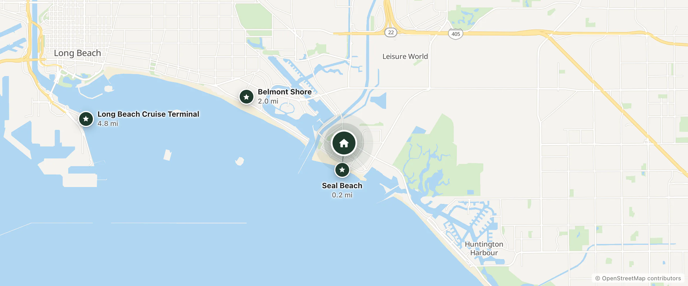Map of The Pacific Inn and nearby Seal Beach, Belmont Shore and Long Beach Cruise Terminal