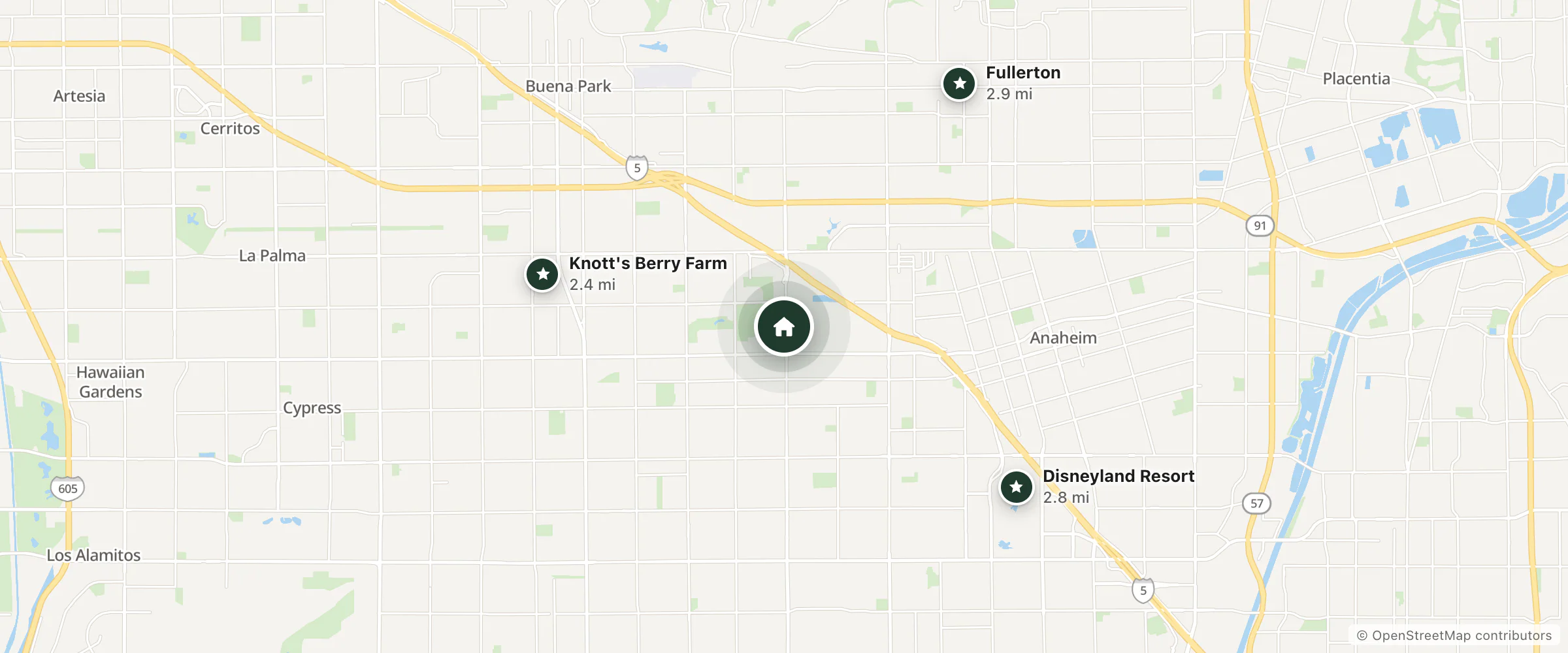Map of Kona Inn Motel Anaheim and nearby Knott's Berry Farm, Disneyland Resort and Fullerton