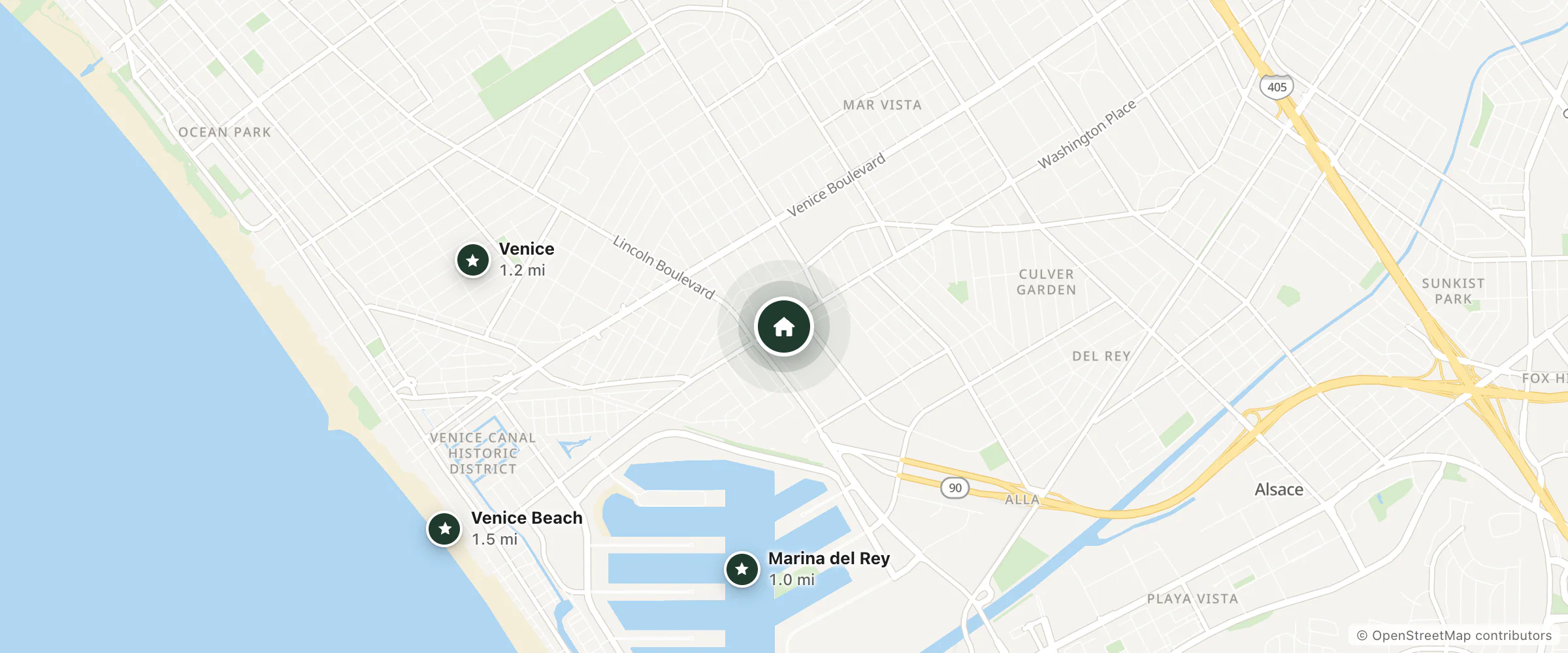 Map of Encore Motel and nearby Marina del Rey, Venice and Venice Beach