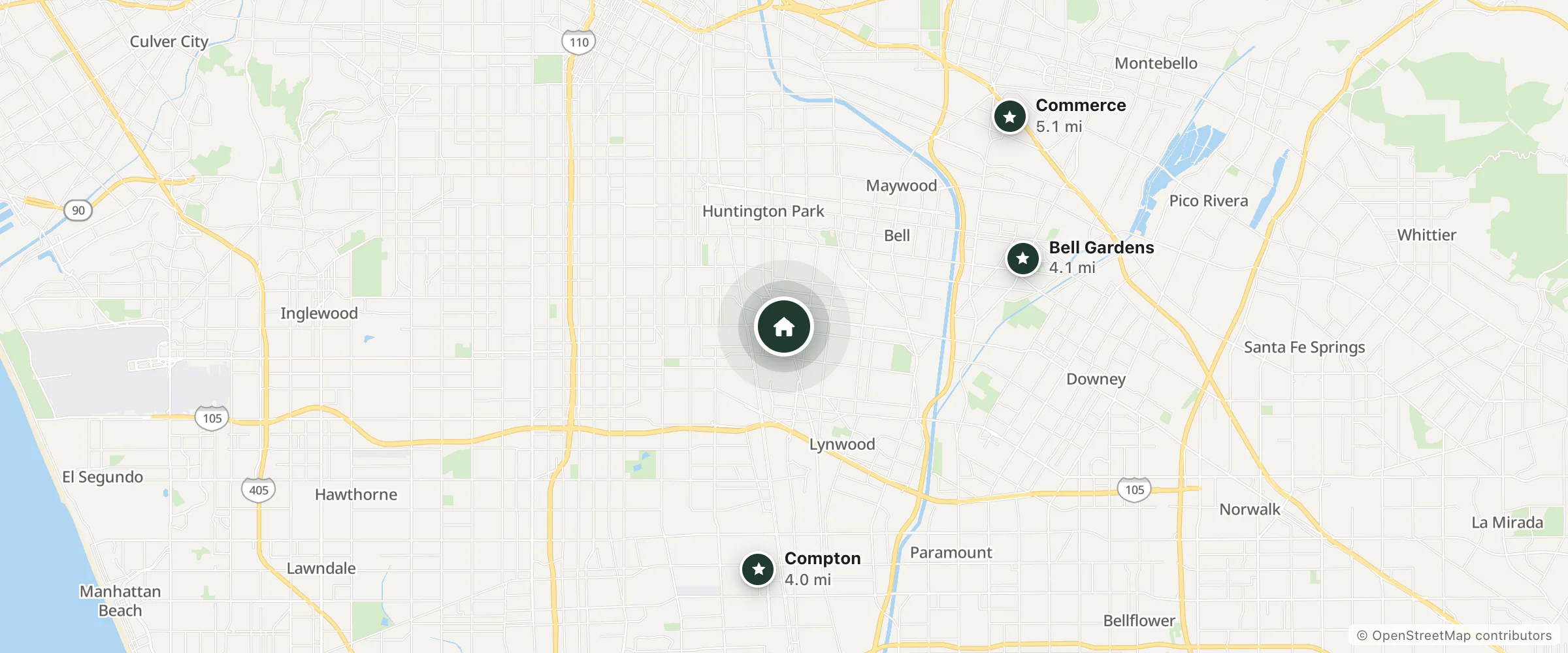 Map of Southland Motel and nearby Compton, Bell Gardens and Commerce