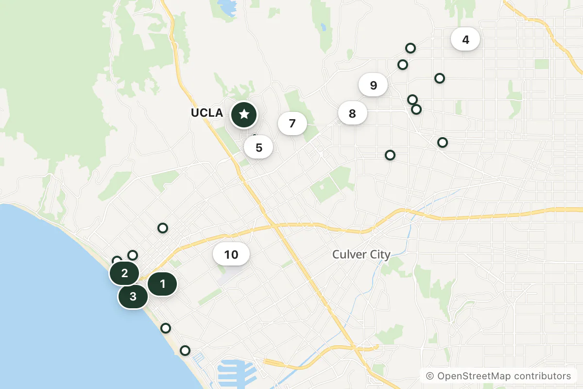 Map of the top 23 hotels for this question around UCLA