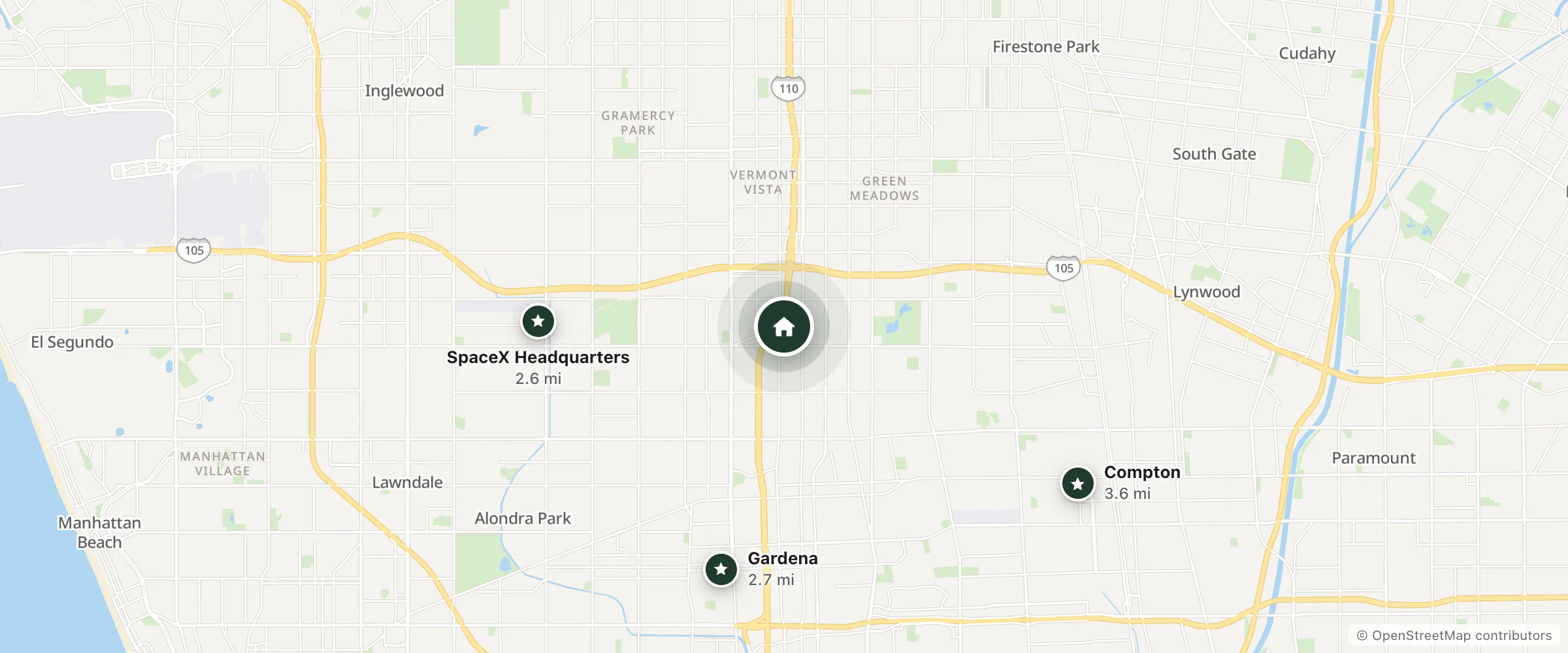 Map of Sharespace-Gardena and nearby SpaceX Headquarters, Gardena and Compton