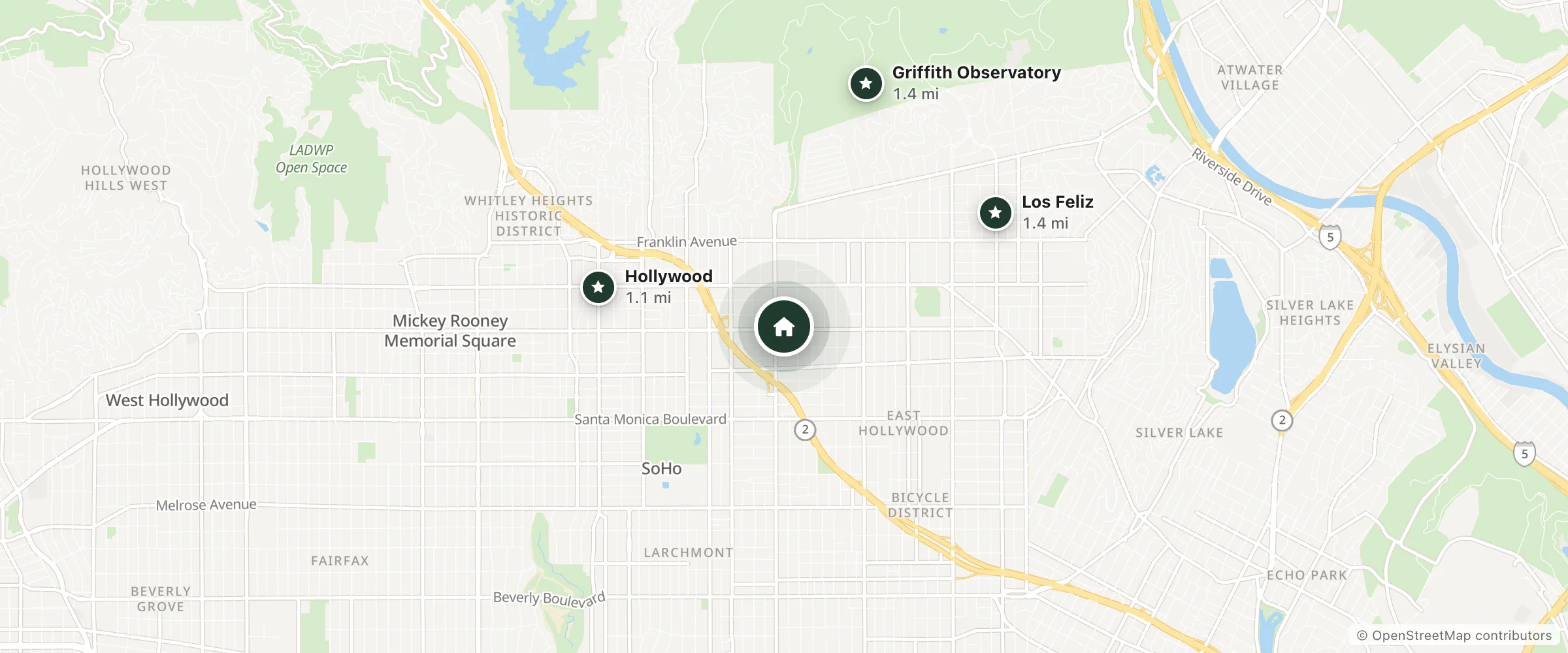 Map of Hollywood Stars Inn and nearby Hollywood, Los Feliz and Griffith Observatory