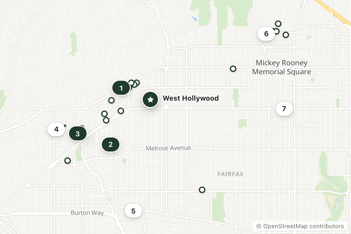 Map of the top 25 hotels for this question around West Hollywood