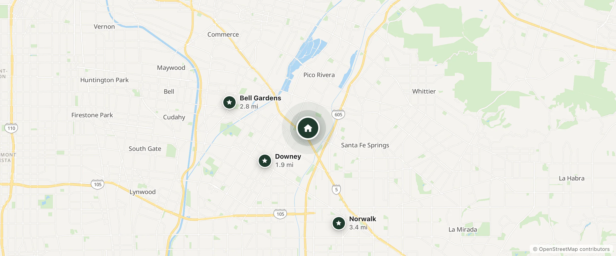 Map of Tampico Motel and nearby Downey, Bell Gardens and Norwalk