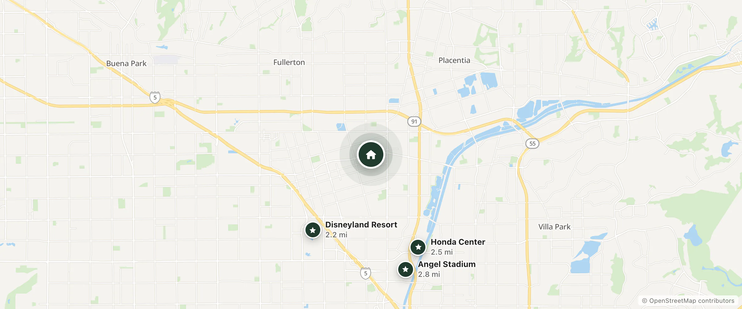 Map of Anchor Inn Motel and nearby Disneyland Resort, Honda Center and Angel Stadium