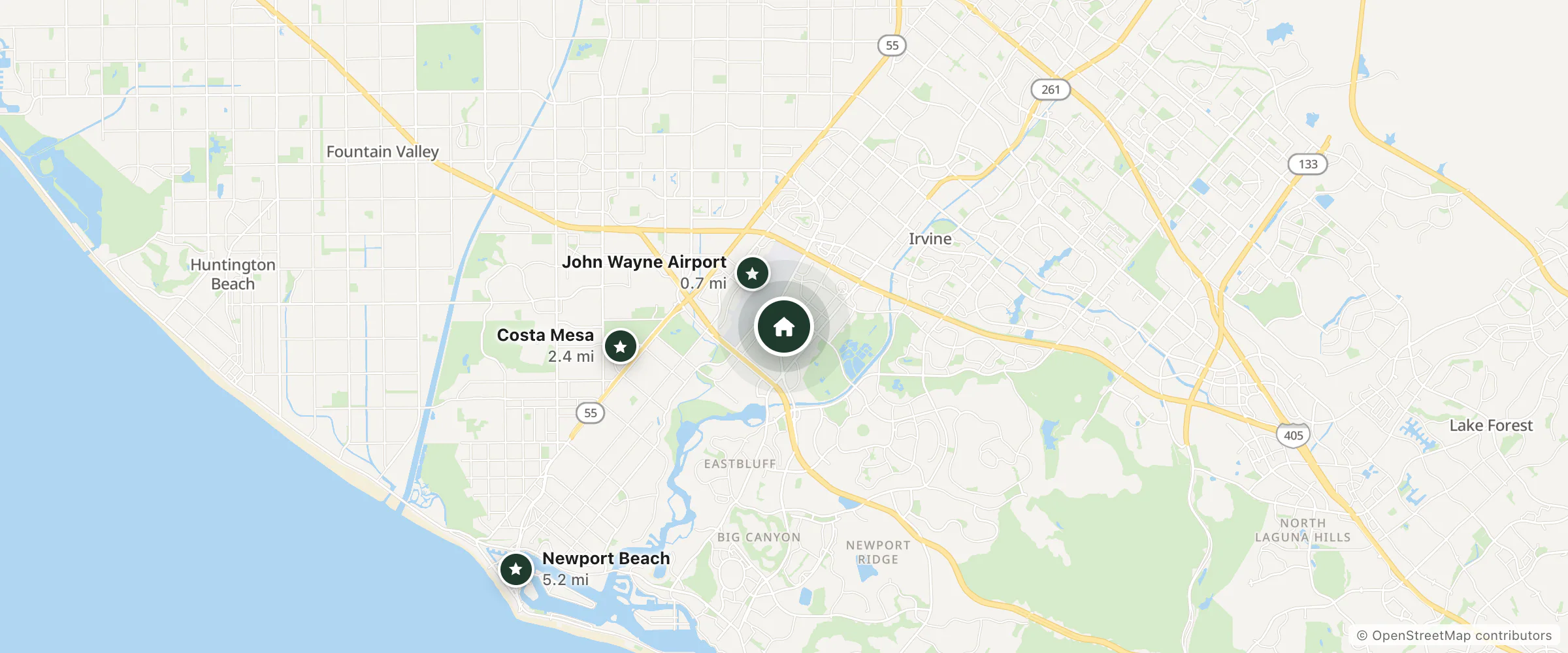 Map of Renaissance Newport Beach Hotel and nearby John Wayne Airport, Costa Mesa and Newport Beach