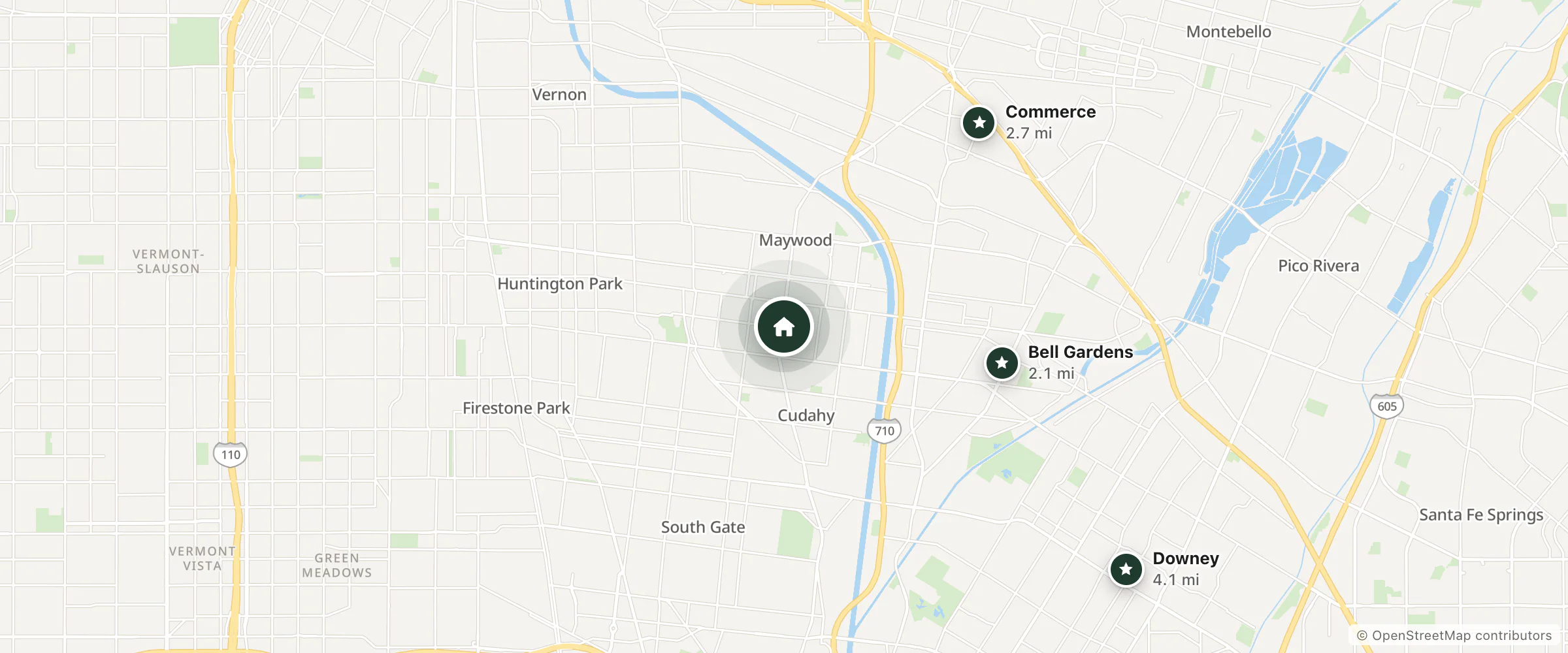 Map of Bell Resort Motel and nearby Bell Gardens, Commerce and Downey