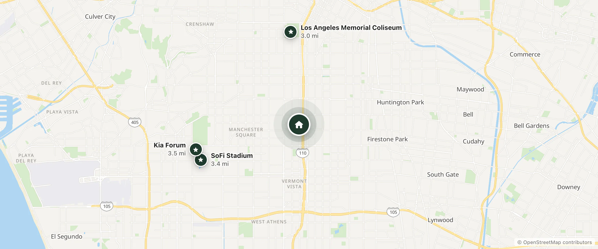 Map of Ambassador Motel and nearby Los Angeles Memorial Coliseum, SoFi Stadium and Kia Forum