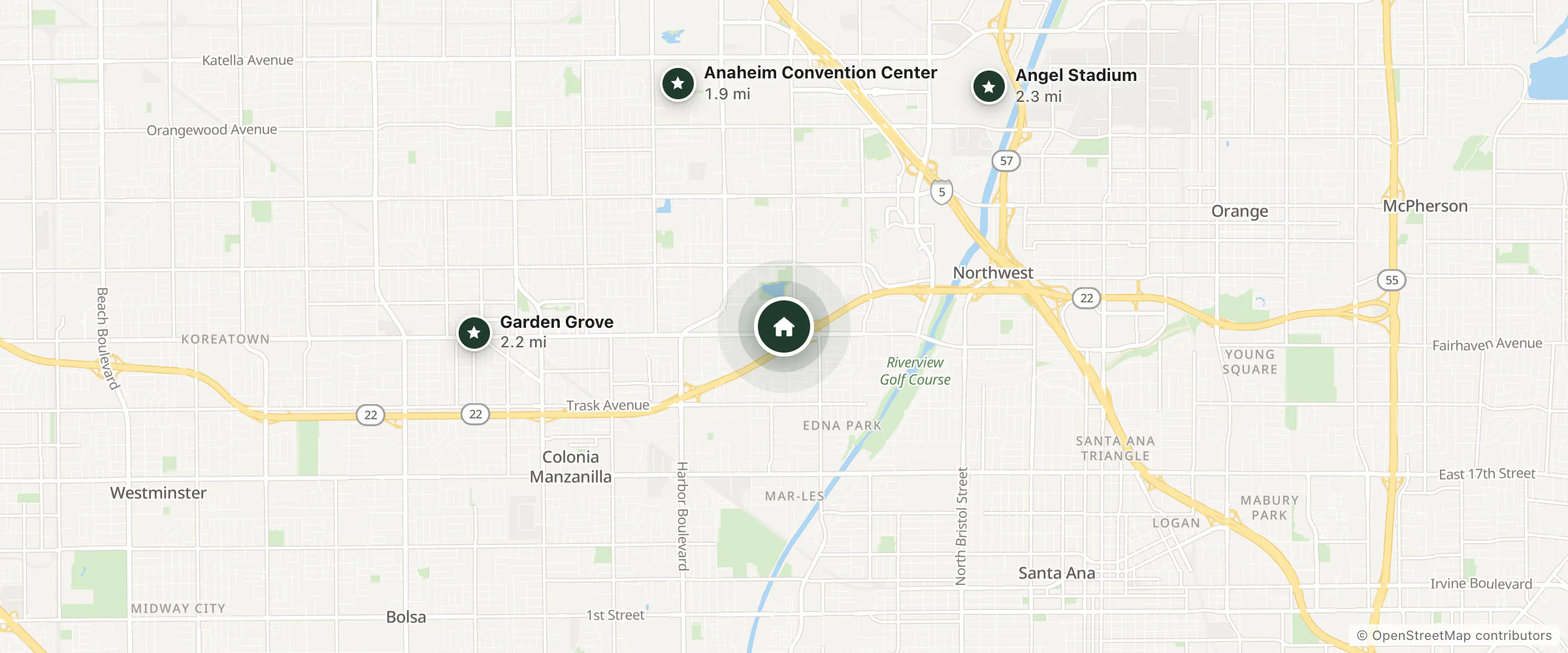 Map of Sonesta Simply Suites Anaheim and nearby Anaheim Convention Center, Garden Grove and Angel Stadium
