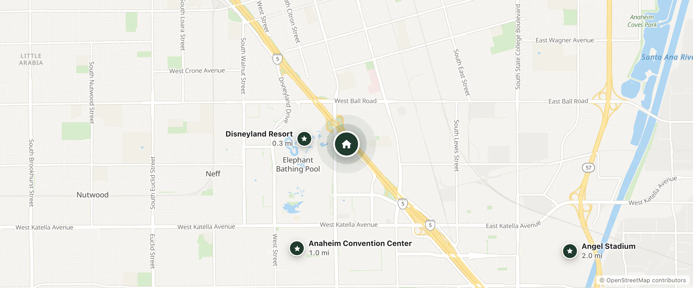 Map of Howard Johnson by Wyndham Anaheim Hotel and Water Playground and nearby Disneyland Resort, Anaheim Convention Center and Angel Stadium