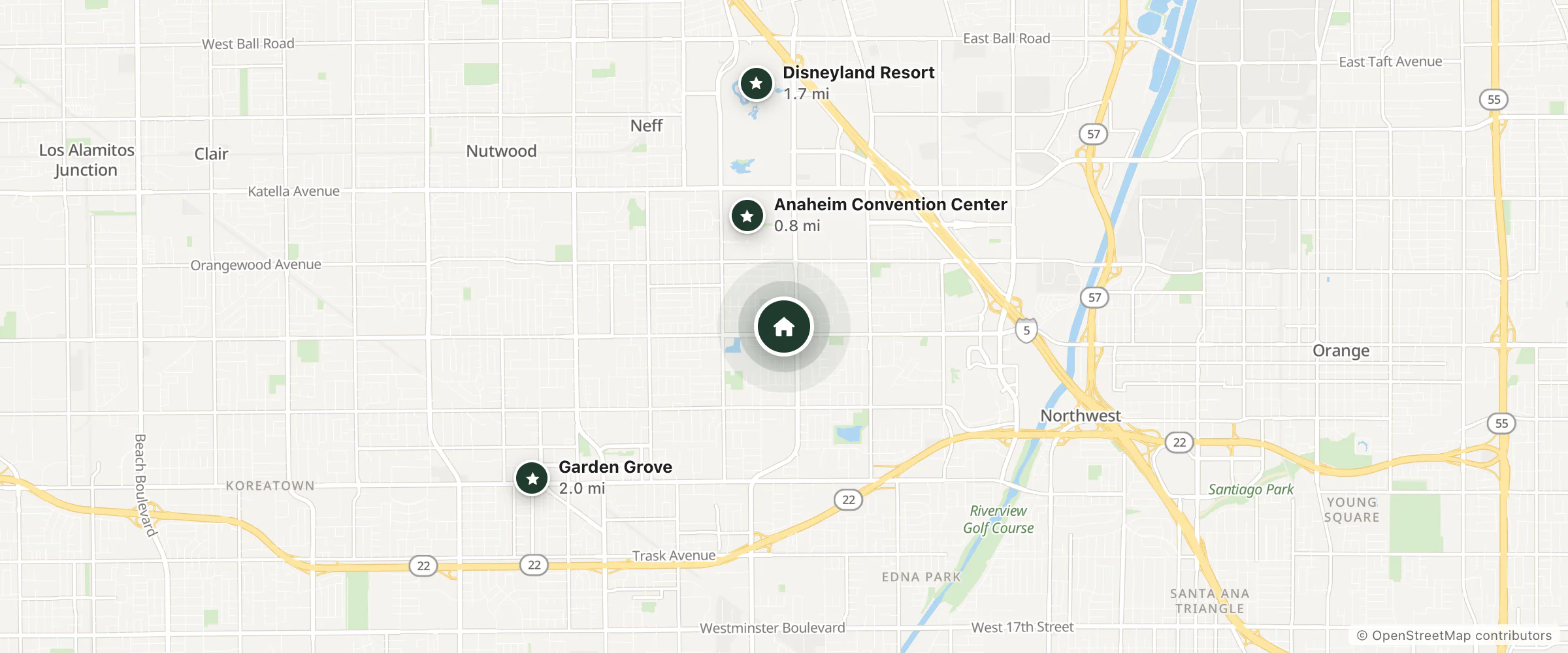 Map of Hyatt Regency Orange County and nearby Anaheim Convention Center, Disneyland Resort and Garden Grove