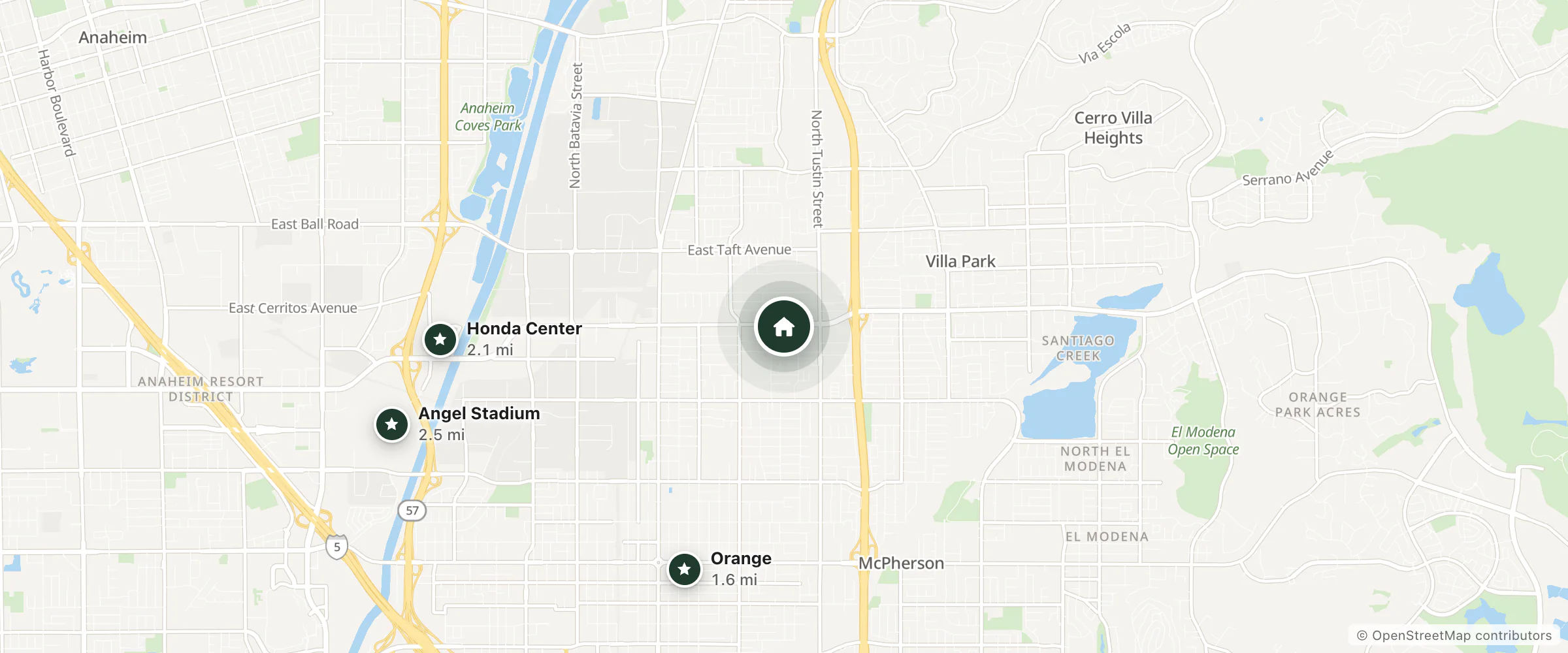 Map of Crazy 8 Motel and nearby Orange, Honda Center and Angel Stadium