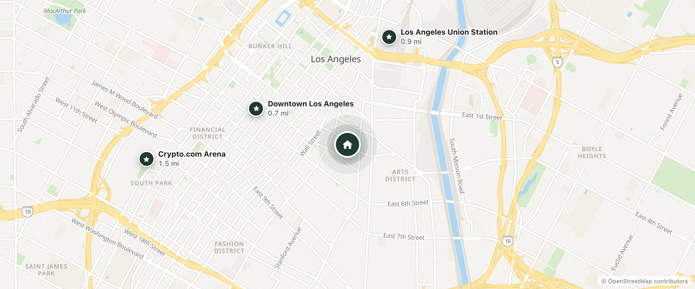 Map of Hart Hotel and nearby Downtown Los Angeles, Los Angeles Union Station and Crypto.com Arena