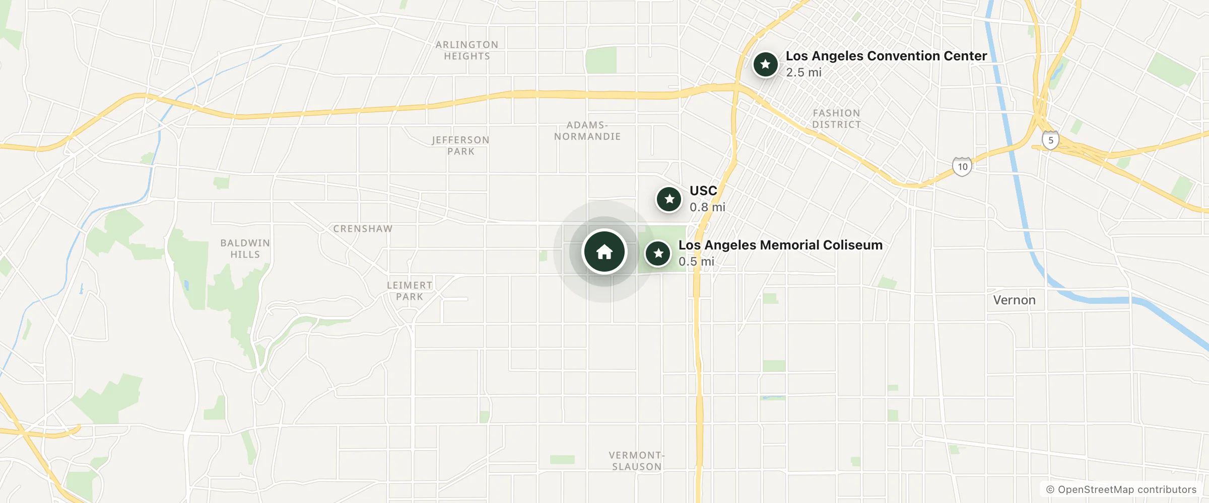 Map of Jesus Saves Hostel and nearby Los Angeles Memorial Coliseum, USC and Los Angeles Convention Center