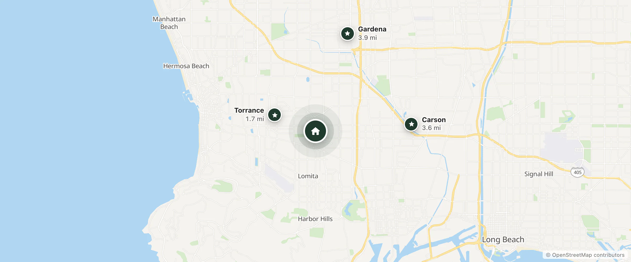 Map of Cabrillo Hotel and nearby Torrance, Carson and Gardena