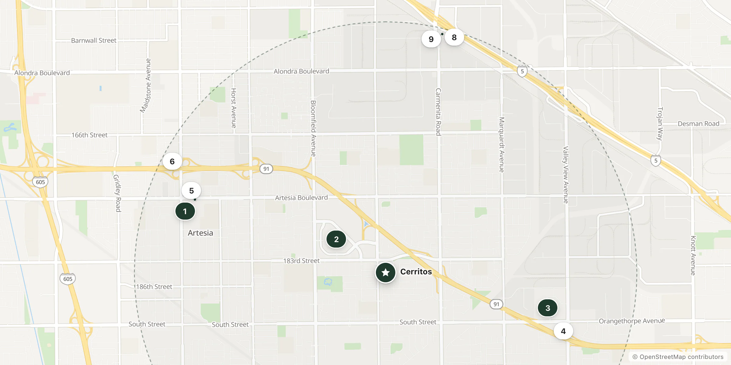 Map of hotels near Cerritos